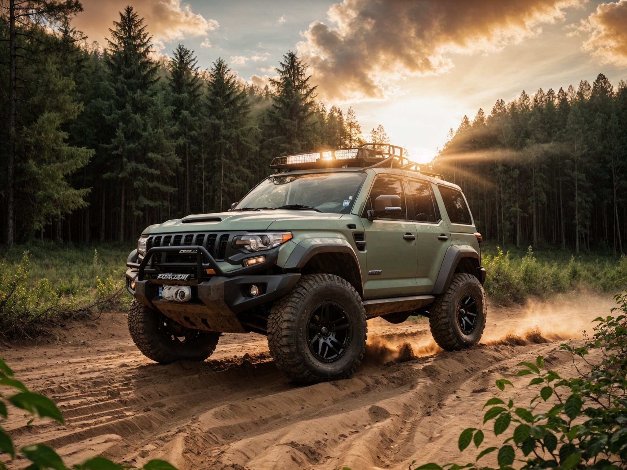 photo of offroad car, forest, sunset, clouds