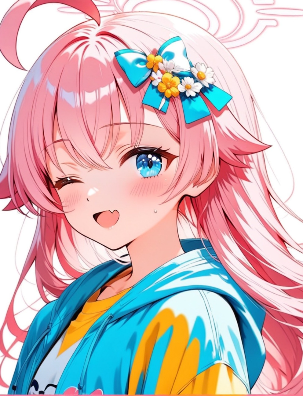 O,hoshino (blue archive),1girl, solo, hoshino (blue archive), one eye closed, pink hair, halo, fang, long hair, ahoge, hood, hoodie, simple background, smile, white background, looking at viewer, blush, pink hoodie, upper body, long sleeves, bangs, open mouth, hair between eyes, skin fang, ,d, yellow eyes, sleeves past wrists, drawstring, hood down,(aesthetics ),masterpiece,best quality,ultra high definition,32K resolution,clear focus,delicate details,high-end texture,fashion photography,film perspective,rich colors,color palette,advertising style,tension composition,masterpiece,mild atmosphere,latest,dynamic Dutch perspective,transparent composition,magazine cover,cover,