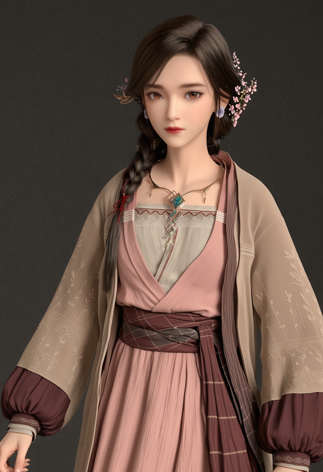 (cowboy shot:1.2),(looking at viewer:1.1),facing viewer,direct gaze,<lora:YQ_pony_yingmo_V4:0.8>,q1528437228,1girl,solo,jewelry,long hair,hair ornament,earrings,braid,brown hair,brown eyes,hair flower,necklace,black hair,dress,long sleeves,single braid,BREAK simple background,pure black background,black background,perfect anatomy,