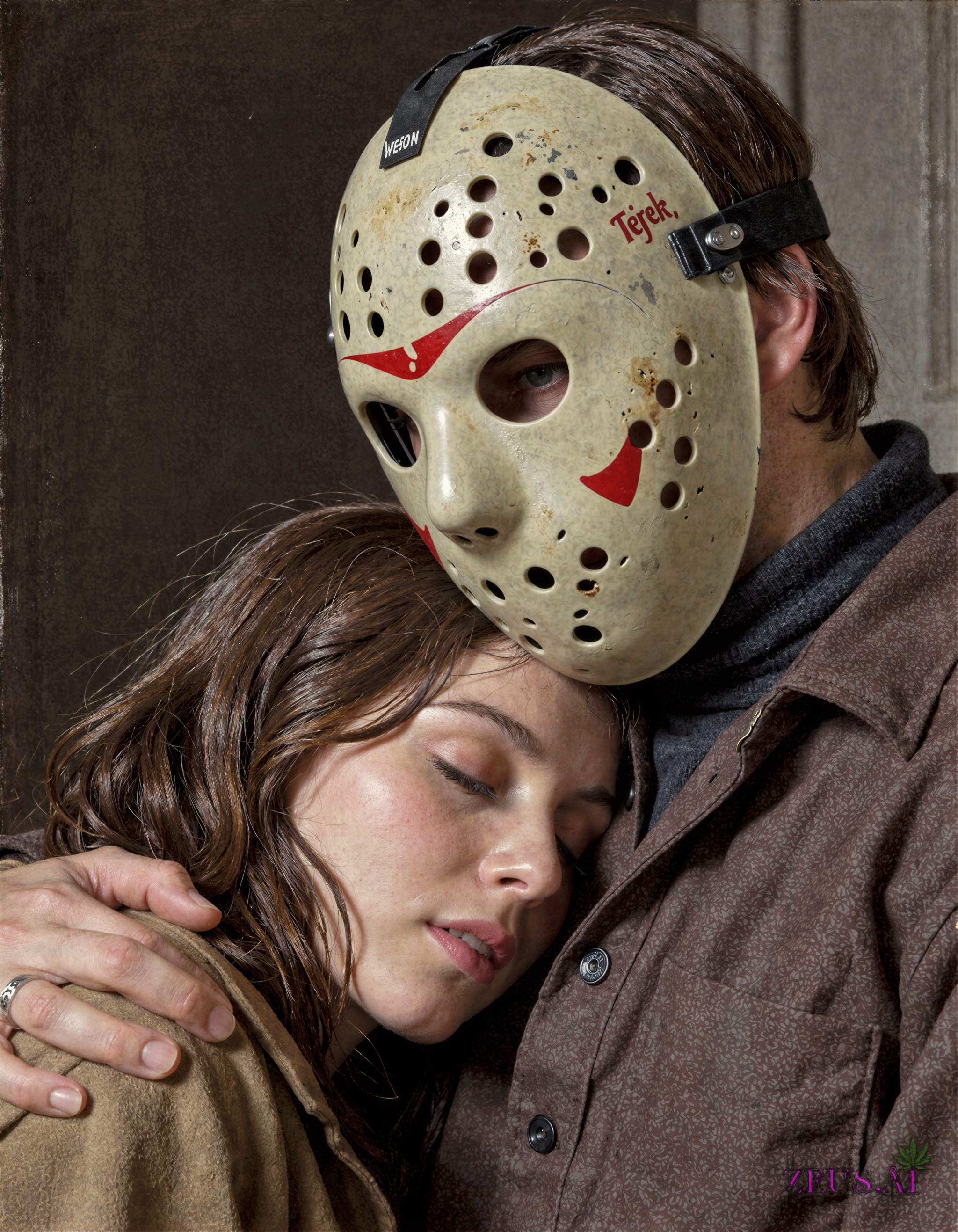 A hauntingly creepy,  weird & intimate portrait of Jason Voorhees in his iconic hockey mask,  tenderly embracing a woman w...