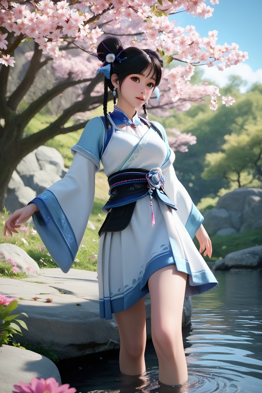 (Seated at a quaint café, she sips tea while elegantly crossing one leg over the other:1.2),looking at viewer,<lora:XL16神国之上宁小龄:0.85>,preteen girl,white dress,blue bolero,black hair,braid,double bun,hair ornament,jewelry,sash,necklace,(large breasts:1.2),short dress,tree,flower,pink_flower,water,stone,flowers_Surrounded,pondel,, score_9,score_8_up,score_7_up,score_6_up,score_5_up,score_4_up,3d rendering,tag1,tag2, Cinematic Lighting,backlighting,