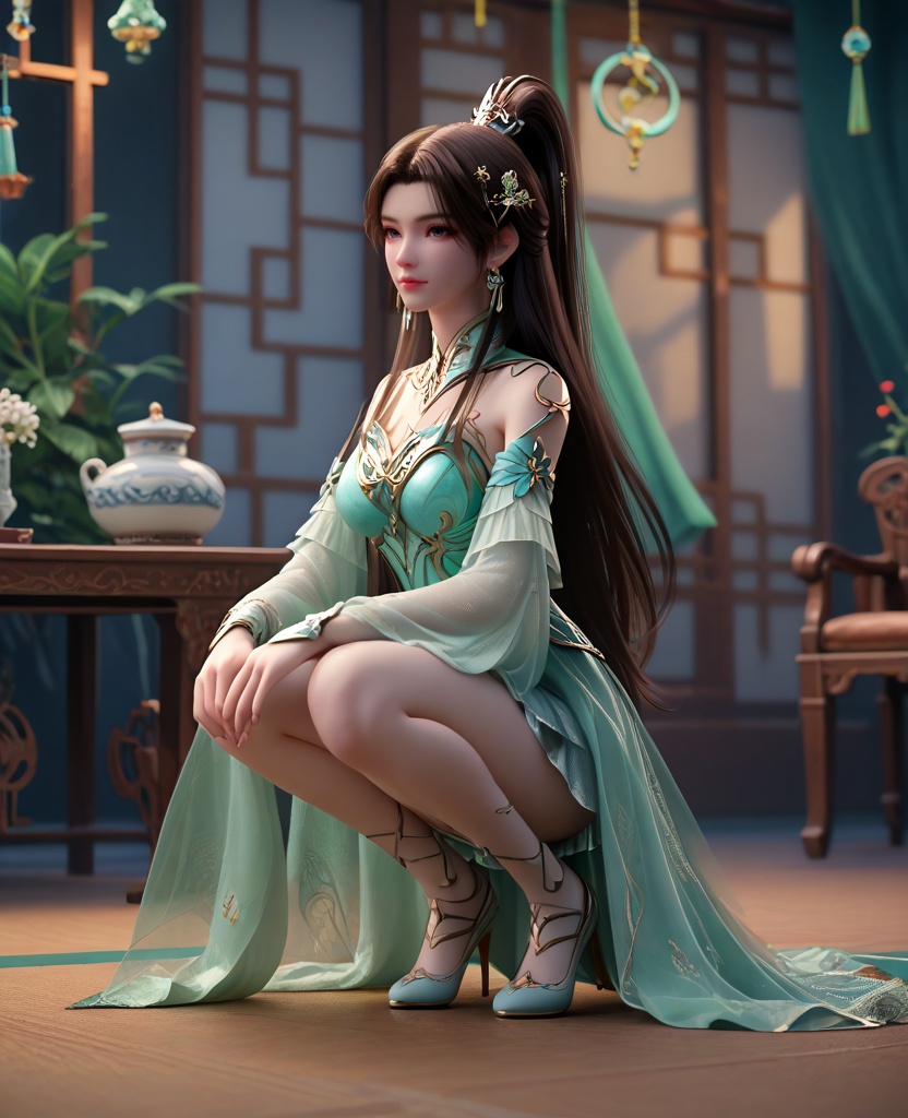 (oriental architecture, elegant decor, sophisticated style:1.1),(Crouching low, with a mischievous grin and fingers splayed as if casting a spell, she captures the whimsy of a fairy tale creature:1.1),looking at viewer,(breasts:1.2),<lora:XL16斗破苍穹古薰儿:0.95>,miss guxuner,celadon corset,aloes green miniskirt,gray eyes,pink eyeshadow,black hair,tiered high ponytail with long front strands,super long hair,hair ornament,earrings,jewelry,detached collar,green sash,sheer fabric overskirt,cyan fart curtain,spiral foot decoration,high heels,, score_9,score_8_up,score_7_up,score_6_up,score_5_up,score_4_up,3d rendering,tag1,tag2, Cinematic Lighting,backlighting,, zPDXL3, zPDXL2,zPDXL, zPDXLxxx, zPDXLrl,