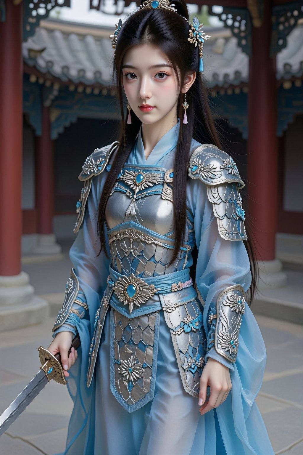A young East Asian woman,  appearing to be in her late teens or early twenties,  stands in a full-body pose. She is adorne...