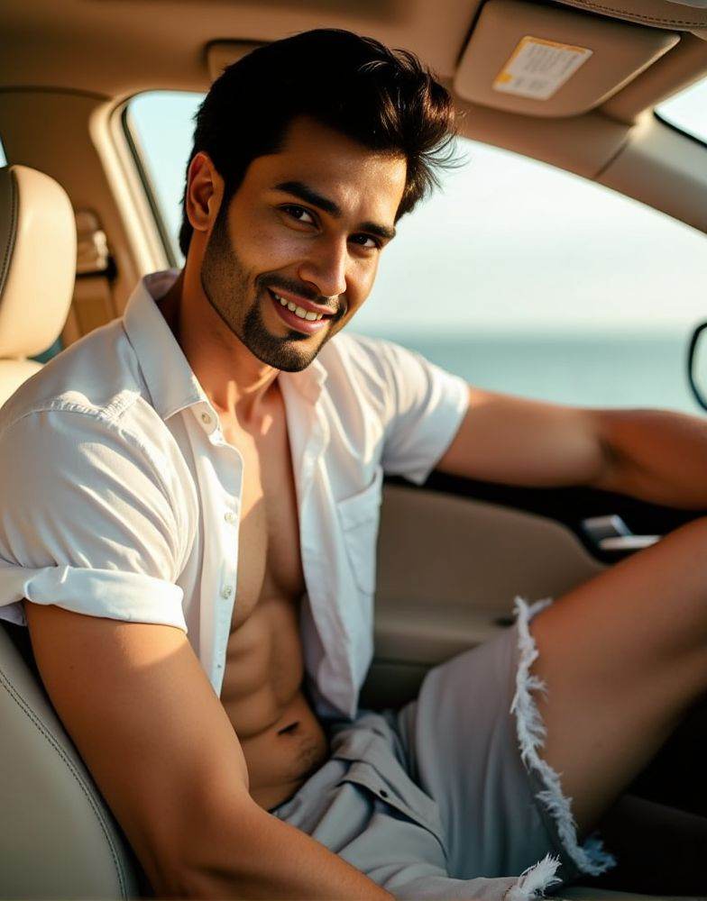 Rohit Khandelwal ,  male focus. shirtless smiling. editorial. empathetic eyes. sitting in the passenger seat of a car. nat...