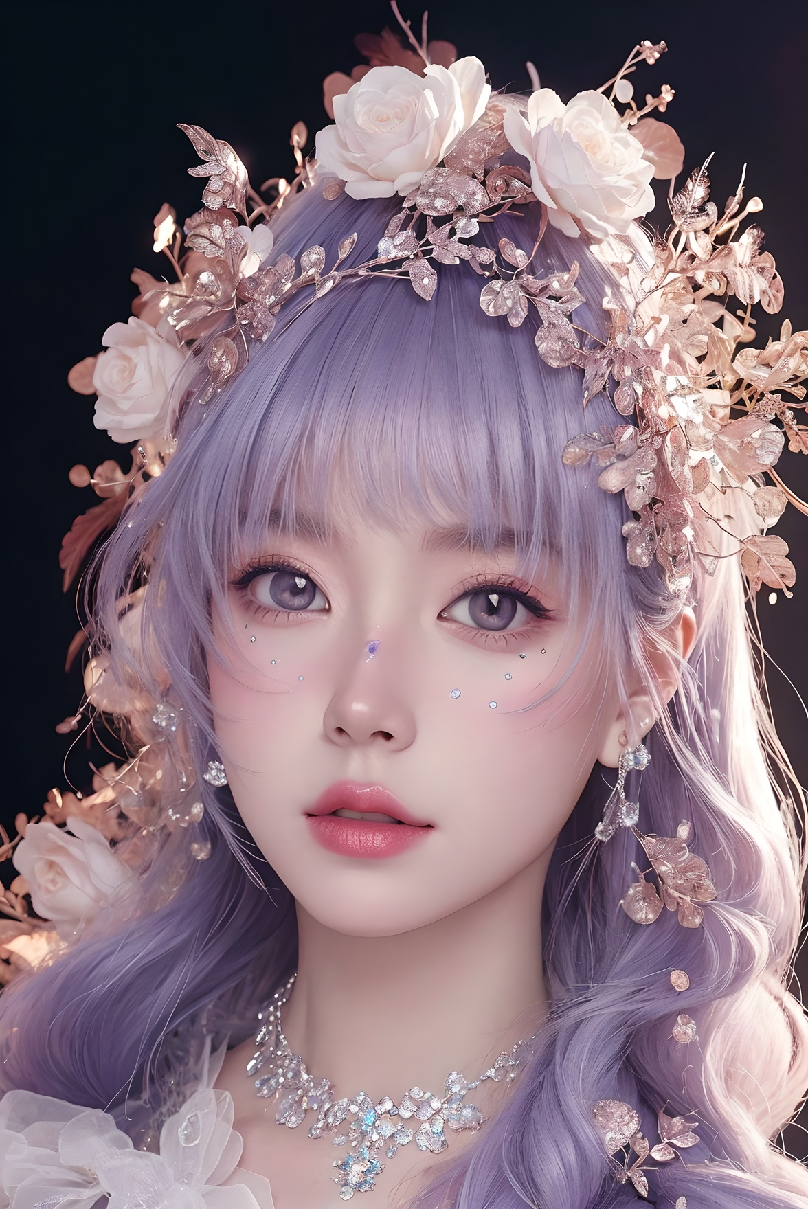 <lora:Fashion_Girl:0.66>purple  theme,  snowflakes,  looking at viewer,  portrait,  colorful hair,  jewelry,  close up,  ultra high res,  deep shadow, (best quality,  masterpiece),  dimly lit,  shade, highly detailed,  bold makeup,  flower,  simple background,  depth of field,  film grain,  fashion_girl,  accessories, High detailed, (masterpiece,high quality,best quality),(colorful),(delicate eyes and face),volumatic light,ray tracing,extremely detailed CG unity 8k wallpaper,solo, indoors, palace, lights, window, decorations,(ahoge:1.3),best quality,official art,(((light from the sky))),floating hair,light shines on hair,whultra-detailed,(((extremely detailed cg 8k wallpaper))),(crystalstexture skin:1.4),(extremely delicate and beautiful),(white skin),looking_at_viewer,kinghere fensejiaren,,realistic,