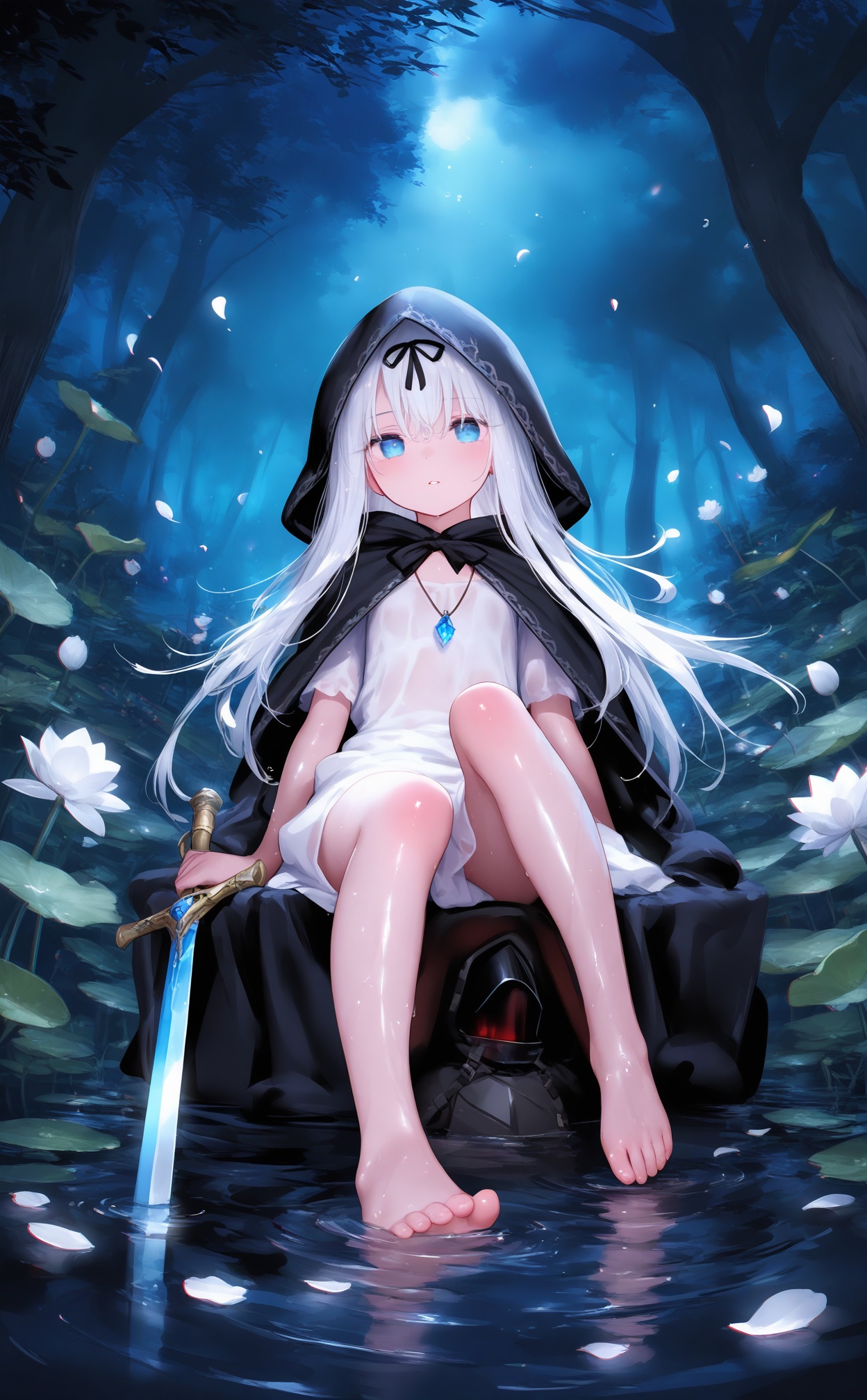 masterpiece,absurdres,best quality,loli,petite,high quality,chromatic_aberration,//,1girl,weapon,long_hair,blue_eyes,barefoot,soaking_feet,jewelry,water,sitting,flower,hooded_cloak,sword,necklace,dress,white_dress,cloak,hood,pendant,white_hair,black_cloak,black_ribbon,very_long_hair,looking_at_viewer,white_flower,petals,ribbon,lotus,hood_up,1boy,ripples,short_sleeves,full_body,1other,fire,parted_lips,feet,wet,hair_ornament,bare_legs,nature,falling_petals,tree,oily skin,shiny skin,//,<lora:nai4zhengliu2——【noob】hans:0.88>,