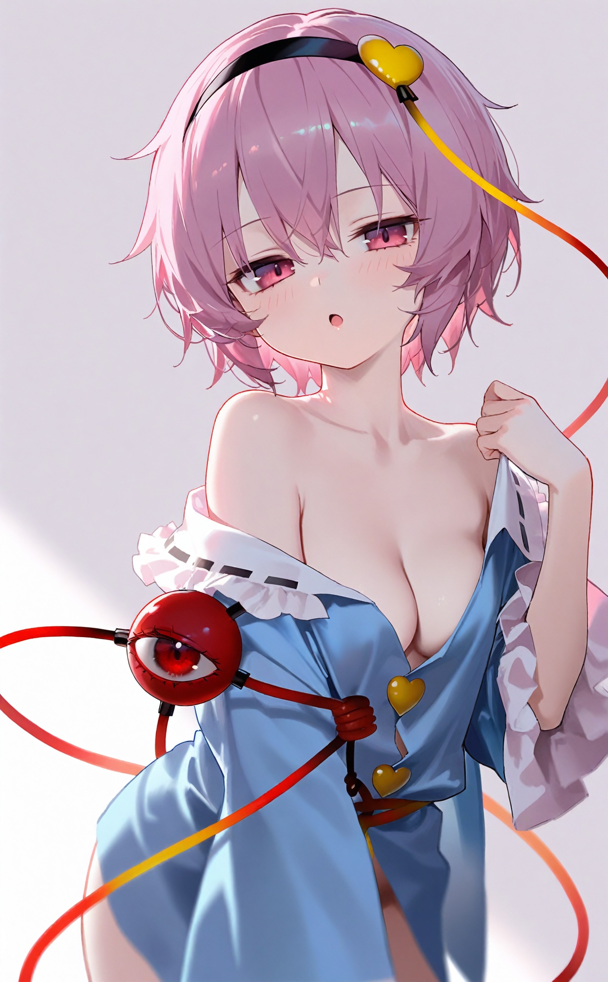 masterpiece,loli,1girl,komeiji satori,solo,breasts,third eye,heart,shirt,hairband,wide sleeves,pink hair,simple background,blue shirt,pink eyes,long sleeves,white background,collarbone,looking at viewer,short hair,black hairband,frills,blush,off shoulder,medium breasts,cowboy shot,frilled sleeves,hair ornament,heart hair ornament,frilled shirt collar,eyeball,open mouth,cleavage,bare shoulders,naked shirt,:o,hand up,no bra,hair between eyes,fair_skin,pale_skin,white_background,rim light,Cinematic Lighting,blurry,