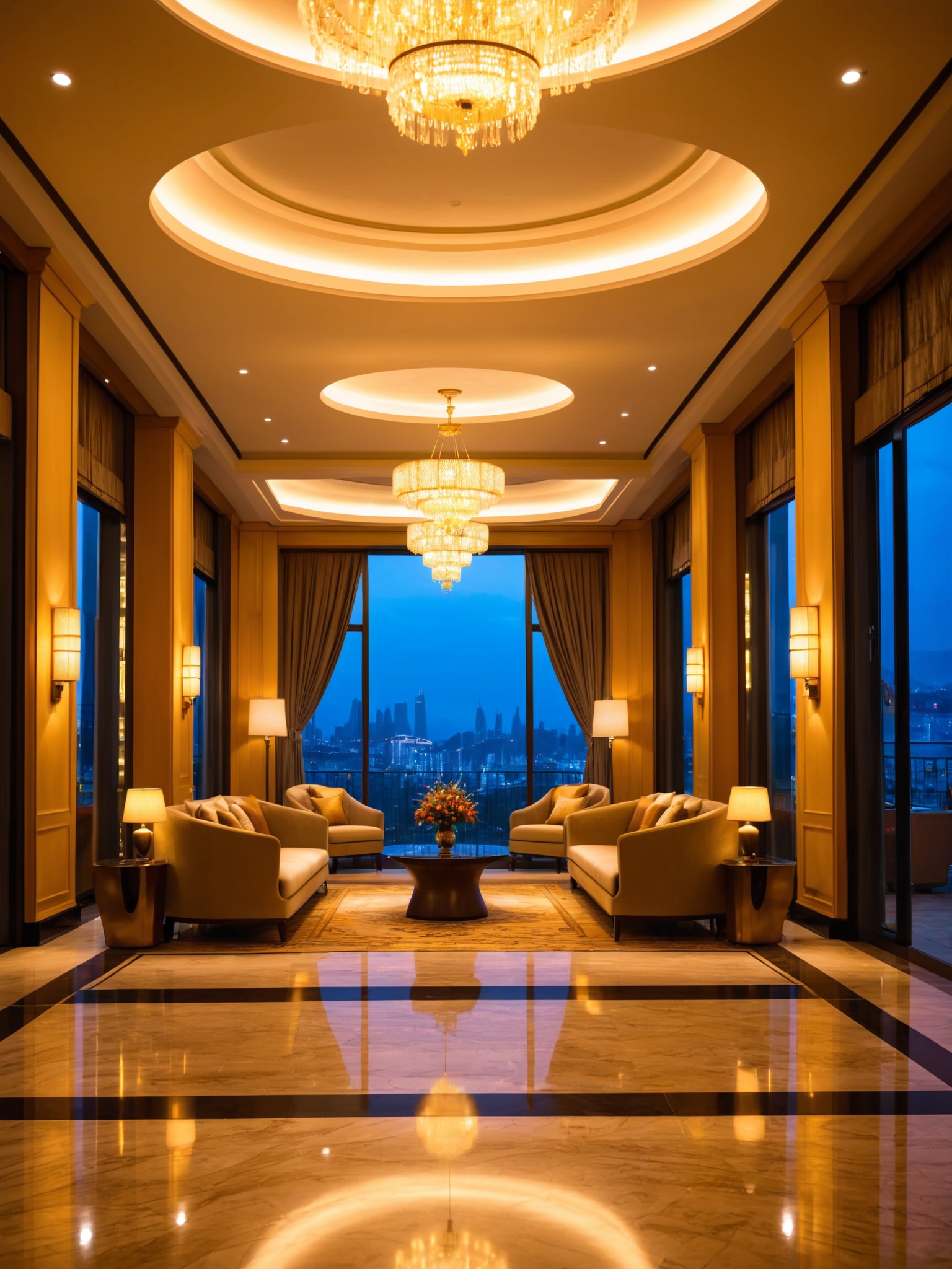 interior, luxurious hotel, luxurious decoration design, evening scenery, outside scenery of the bustling city, bright lights, charming scenery, excellent image quality, high definition 8 k, beautiful light, excellent photography master