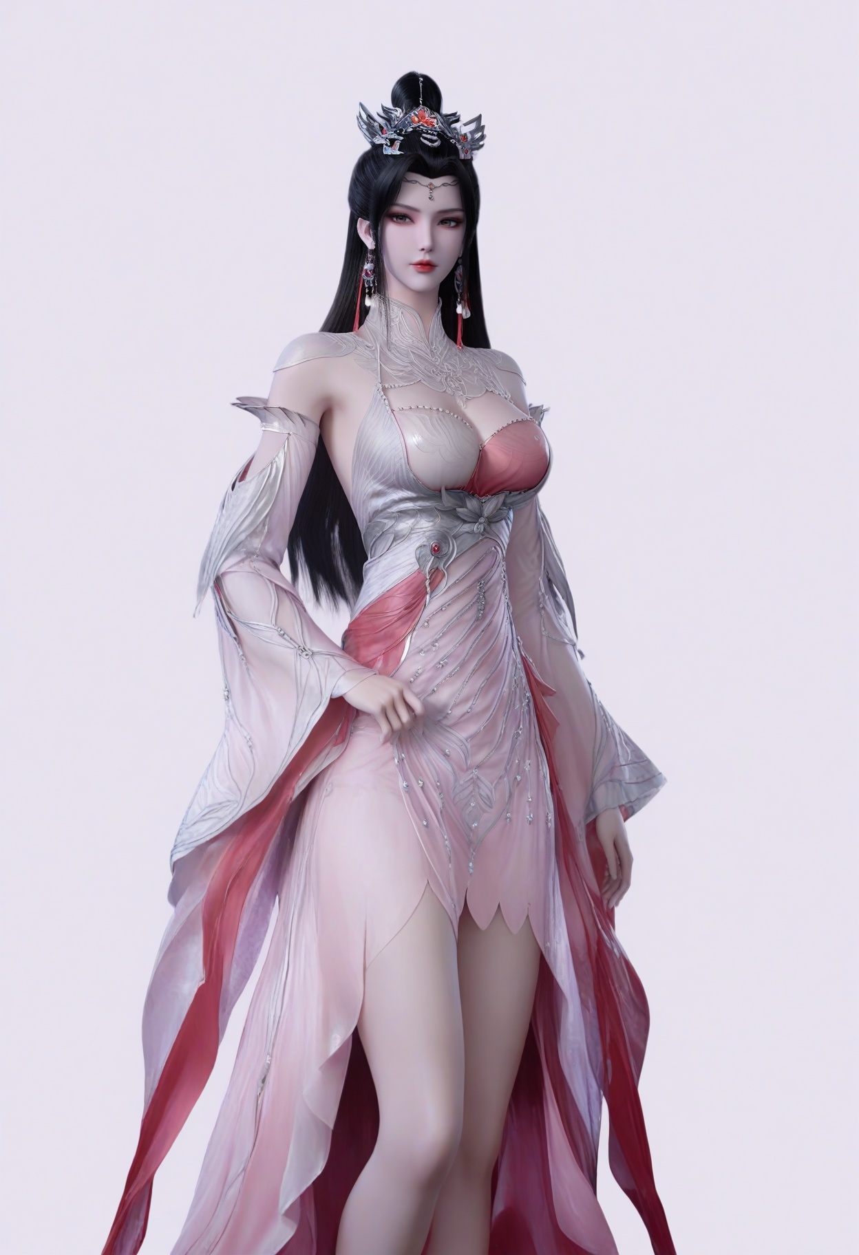 score_9,<lora:SF_LiuMeiSecondClothes_Pony_Realism2.3-000003:0.7>,1girl,solo,hair ornament,long hair,dress,hair bun,breasts,large breasts,detached sleeves,prink dress,eyeshadow,lips,black hair,looking at viewer,white background,simple background,bare legs,
