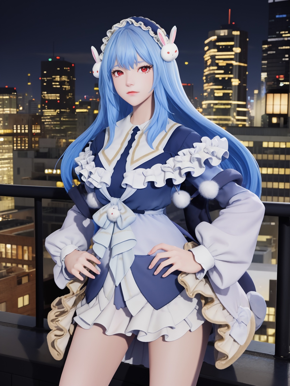 WZRYchangeNDMT, 1girl, solo, long hair, blue hair,dress, looking at viewer, closed mouth,puffy long sleeves, bow, red eyes, frills, hair ornament, rabbit hair ornament,slippers, loose socks, <lora:WZRYchangeNDMT:0.75>,cityscape, night, 