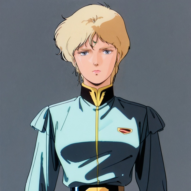 masterpiece, best quality,solo,(grey background:1.2),simple background,1girl,looking at viewer,  retro artstyle, 1980s \(style\), anime_style, char's_counter_attack_style, uc_0093_style<lora:UC0093_Char's_Counter_Attack_ill:0.8>