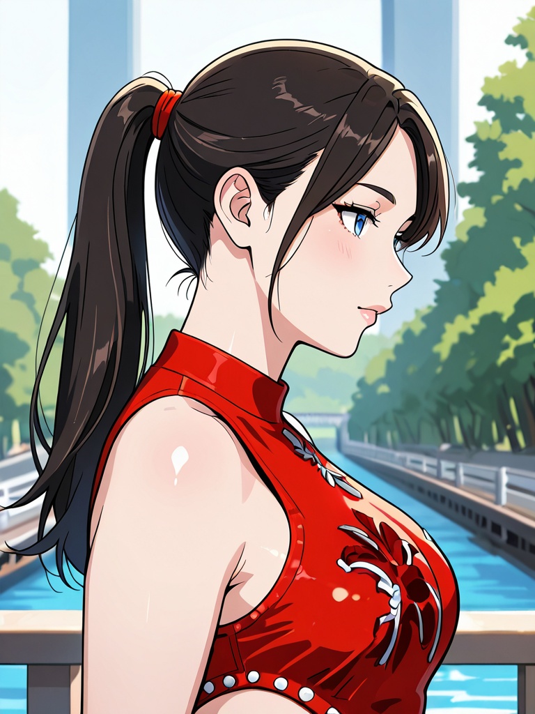 side view a beautiful young asian woman with a ponytail with deep blue eyes wearing a sexy red cutout jumper,  side,  on t...