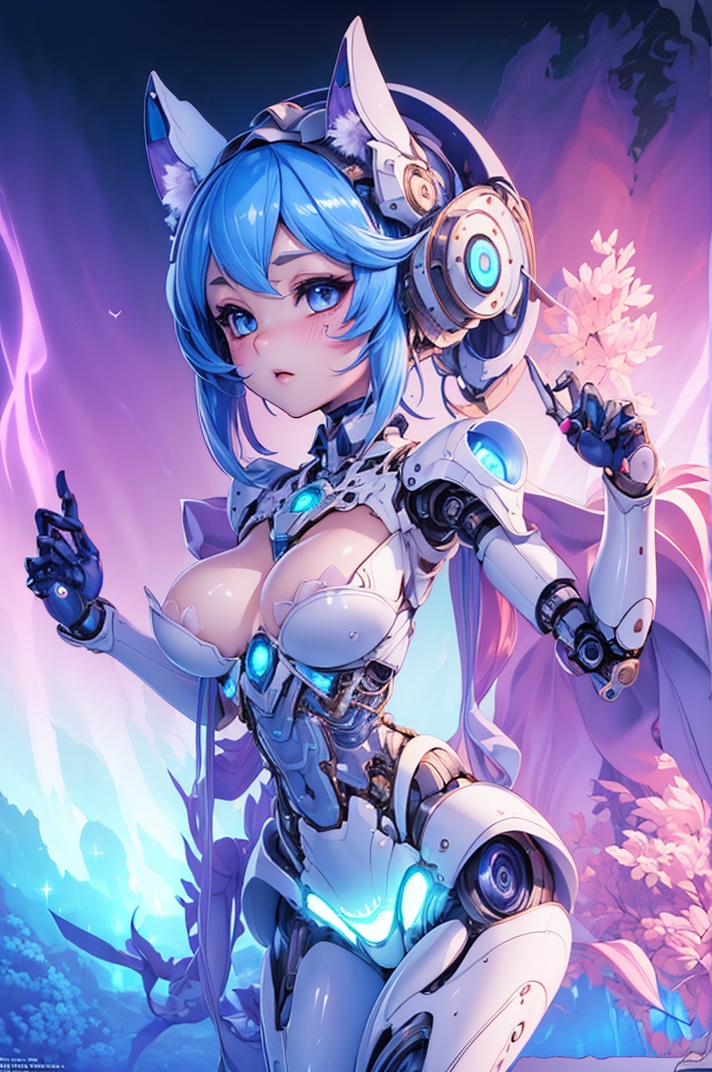 (((masterpiece, best quality, illustration, finely detail))),((extremely detailed cg unity 8k wallpaper, highres)),(beautiful detailed face and eyes and hair:1.1),amazing,(an extremely delicate and beautiful girl:1.2),1 girl,solo,(robot girl:1.35),(loli:1.4)full body, whole body, panorama, (hair pull:1.1), medium hair, (blue hair:1.1), blue eyes, large breasts, (shiny skin:1.1), skinny, Perfect female body, blush, naughty,night,high saturation,low brightness,ray tracing,<lora:不是青花瓷第三代-但是机甲:0.5>