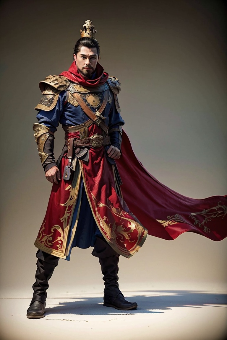 JYGL 1boy armor black cape blue cape boots cape crown facial hair full body gradient background knight male focus purple cape realistic red cape red cloak sheathed solo standing sword weapon,<lora:金庸古龙20240110-1704831963137-0010:0.8>,