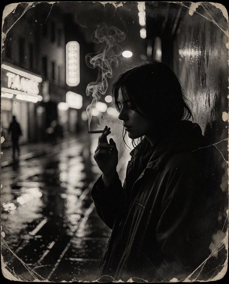 analog_feel,  a faded and worn photograph from a forgotten night,  a young woman standing on a rain-soaked street on Tenso...