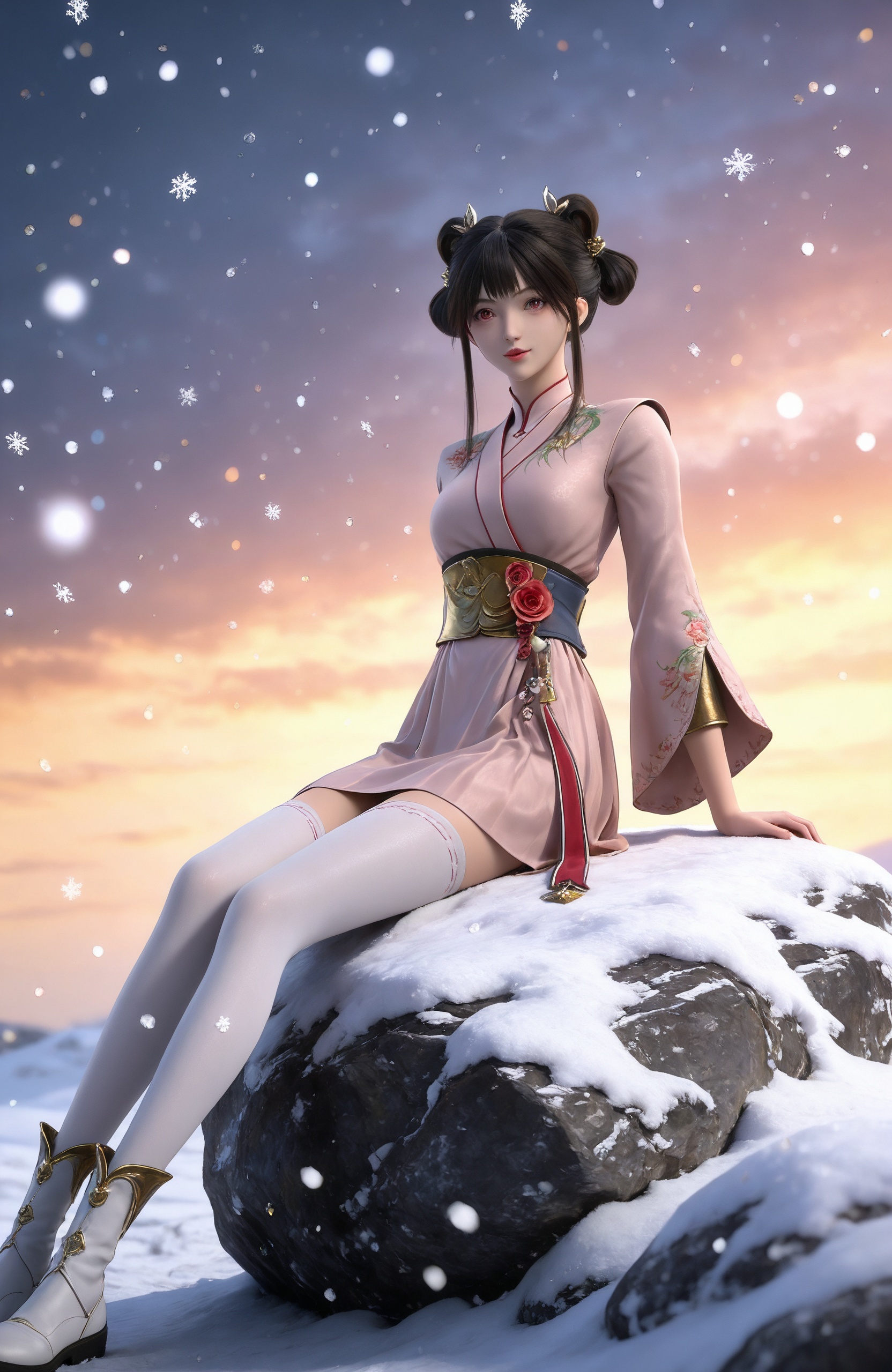 realistic style photo,outstanding style,Use soft lighting to cast gentle shadows on the subject,adding a touch of dimension to your images without compromising details,whirls of vapor,(Anime:1.1),soft neon light,ethereal ambiance,delicate details,magical atmosphere,concept art,highly detailed,ultra-high resolution,32K UHD,sharp focus,best-quality,masterpiece,golden hour,unconventional supreme masterpiece,masterful details,temperate atmosphere,with a high-end texture,in the style of fashion photography,magazine style,Dynamic Angle,Dynamic posture,magazine style,Dynamic Angle,Dynamic posture,(cowboy_shot:1.2),eye trail,depth of field,cinematic lighting,lens flare,close-up,extreme aesthetic,(wlop:0.6),(honjou raita,lack,rella,wanke:0.5),masterpiece,best quality,good quality,newest,year 2025,very aesthetic,absurdres,Visual impact,A shot with tension,ultra-high resolution,32K UHD,sharp focus,best-quality,masterpiece,Emotionalization,unconventional supreme masterpiece,masterful details,temperate atmosphere,with a high-end texture,in the style of fashion photography,(Visual impact:1.2),giving the poster a dynamic and visually striking appearance, <lora:九阳武神-小月IL:0.8> 1girl, black hair, hair ornament, hair rings, hair bun, chinese clothes, long sleeves, white thighhighs, pink dress, double bun, boots, sash, ,snowing, rock,,blurry,sitting,full body,arm support,blue flower,snowflakes