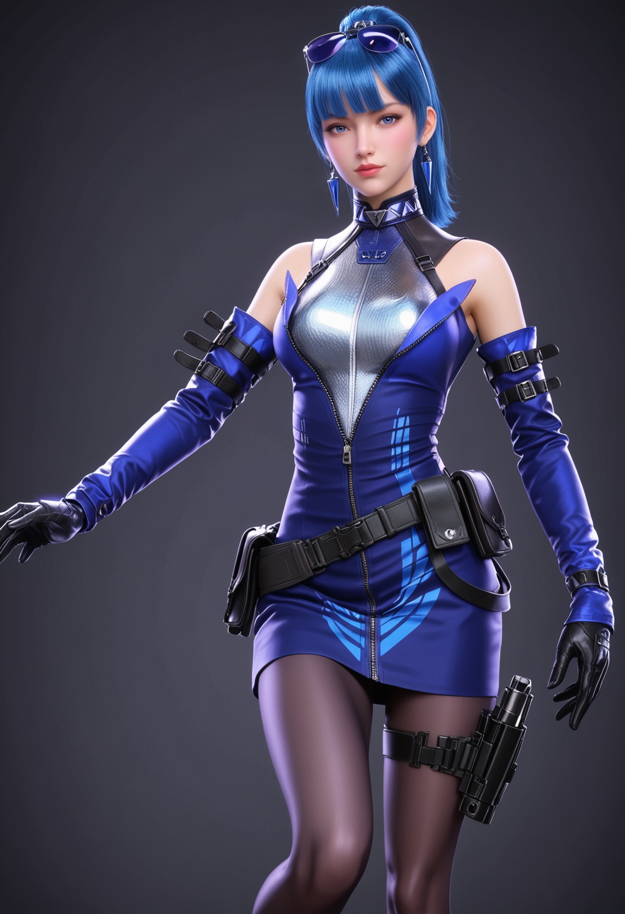 (upper_body:1.2),(looking at viewer:1.1),facing viewer,direct gaze,<lora:YQ_pony_wumengmeng_V4:0.8>,1girl,q1528437228,solo,blue hair,eyewear on head,earrings,gloves,jewelry,ponytail,detached sleeves,long hair,pantyhose,belt,dress,holster,blunt bangs,high heels,black hair,jacket,black footwear,brown eyes,thigh holster,collar,sleeveless,blue eyes,skirt,blue dress,grey eyes,belt pouch,thigh strap,BREAK (simple background,pure black background,black background:1.1),perfect anatomy,