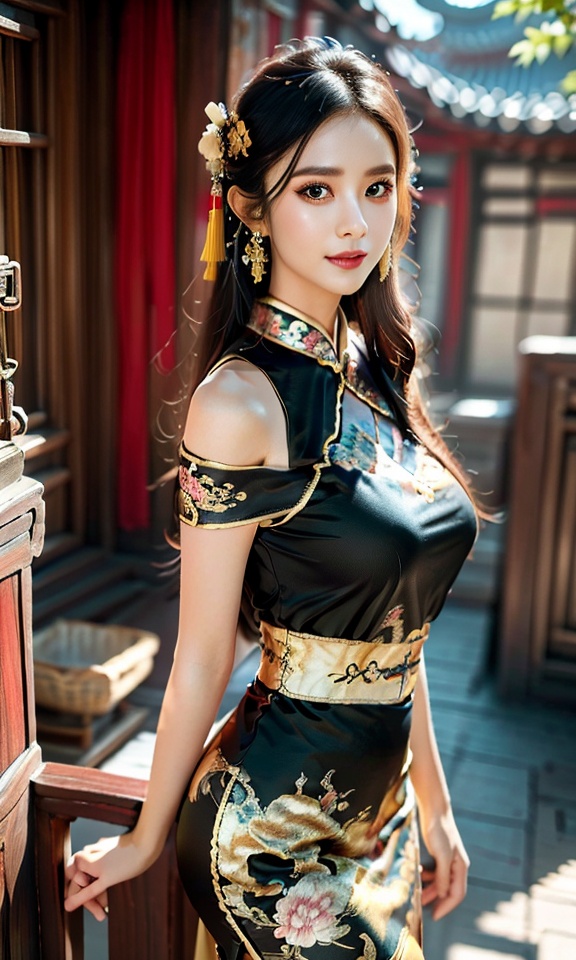 best quality,highres,realistic,photography,beautiful details,Volumetric lighting,xiju,1 girl,solo,black hair,hair ornament,makeup,long hair,chinese clothes,(bule clothes:1.4),(golden decorative lines:1.2),looking at viewer,cowboy shot,large breasts,sleeveless,off shoulder,short skirt,high fork,headdress,eyeshadow,The background is Chinese ink wash landscape painting,blur the background,ultra high ers,(photorealistic:1.4),