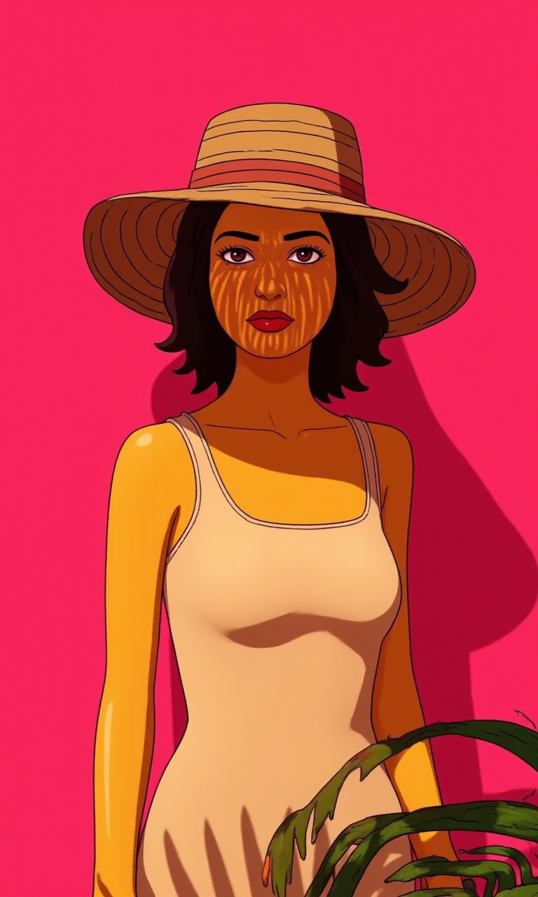This is a high-definition cartoon-style image. "The Simpsons.", <lora:辛普森v2:1>,"The image portrays a woman standing against a vividly pink background. She is wearing a large, straw hat that obscures her facial features, adding a sense of mystery. Her attire includes a sleeveless top that matches her skin tone, creating a smooth, monochromatic effect. The setting includes palm fronds in the foreground, casting intricate shadow patterns across her face and body, enhancing the visual texture. The lighting is bright and seems to be natural, suggesting this photo was taken outdoors during the day. The overall feel is stylish and summery, with a focus on fashion and the interplay of light and shadow.", 