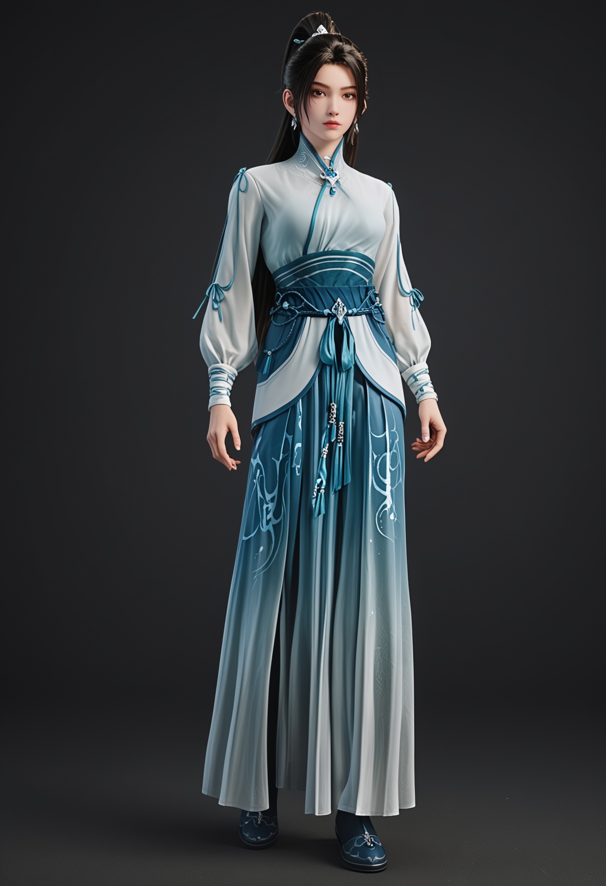 (standing full_body:1.1),score_9,score_8_up,masterpiece,(best quality),intricate details,1girl,facing viewer,(looking at viewer:1.1),<lora:YQ_pony_ningyao3.0_V6:0.95:lbw=1,1,1,1,1,1,1,1,1,0.8,0.8,0.1>,q1528437228,1girl,solo,long hair,jewelry,earrings,chinese clothes,white dress,ponytail,black hair,long sleeves,brown hair,hair ornament,brown eyes,black footwear,pants,hair bun,sheath,hair ribbon,BREAKscore_9,score_8_up,masterpiece,(best quality),perfect anatomy,(hourglass),perfect face,(simple background,pure black background,black background:1.1),fair_skin,shiny_skin,Ivory_skin,