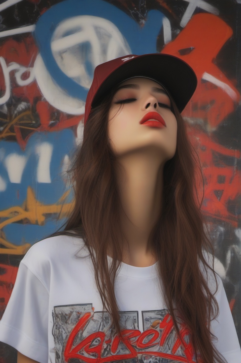 tuya, 1girl, solo, hat, long hair, brown hair, necklace, parted lips, baseball cap, jewelry, red lips, realistic, shirt, closed eyes, upper body, makeup, looking up, clothes writing,<lora:tuya-000008:0.8>,