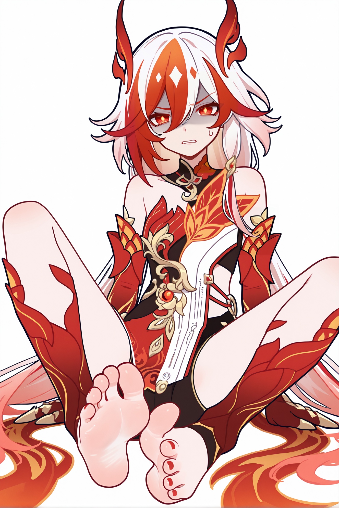 masterpiece,best quality,newest,absurdres,very aesthetic,best quality,year 2024,newest,<lora:BKSTL-6e:0.5>,BKSTL,<lora:black_white_potrait_lineart-10-NOOB-EPS1.1:0.5>,<lora:flatline_v2_-_Illus_x_Niji:0.5>,Flatline,Flat vector illustration,very awa,<lora:haiz_ai_illu:0.5>,haiz_ai,awa,QwQ,shy,begging,1girl,bare foot,foot focus,disgust,spread legs,(solo:1.2),simple background,(white background:1.2),(white background:1.1),<lora:bengluo-will-Tanger:0.8>,fu hua \(Honkai Impact 3rd\),bengluo,clothes: bengluo red-and-white chinese clothes,bengluo china dress,bengluo black shorts,bengluo hair ornament,1girl,long hair,red eyes,multicolored hair,red hair,bangs,hair between eyes,bare shoulders,red gloves,