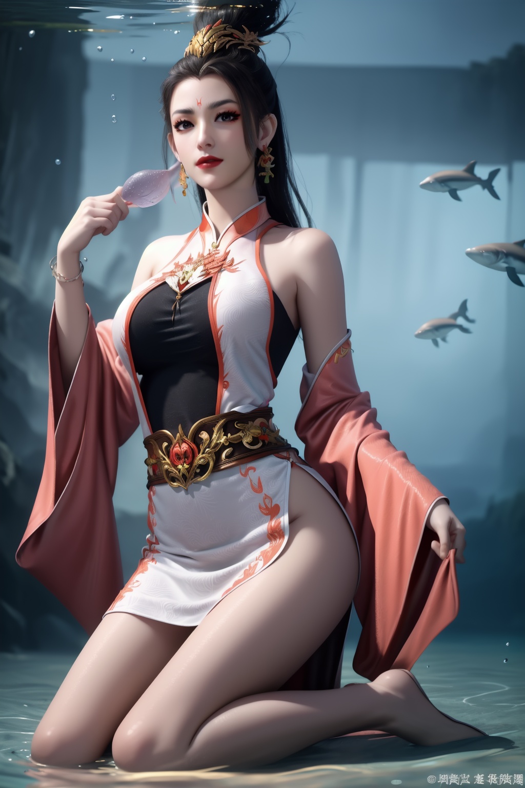 1girl,underwater,submerged,floating hair,air bubble,holding breath,see-through,masterpiece,best quality,highly detailed,fish,(wide hip:1.2),jellyfish,earrings,hair ornament,sea weed,coral reef,shark,sea turtle,sexy pose,kneeling,chinese dress,chinese clothes,large breasts,