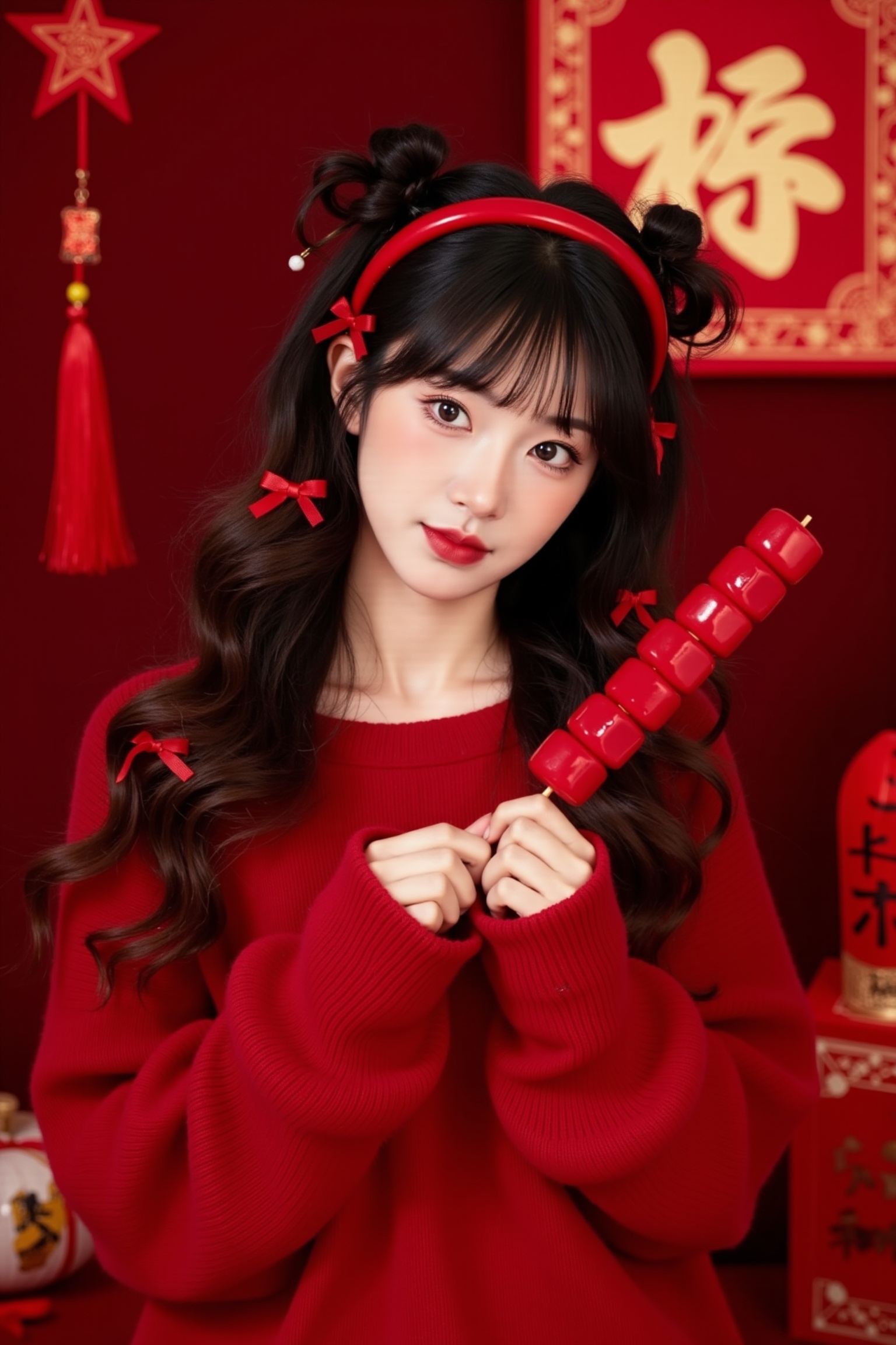 1girl,This is a photograph featuring a young Asian woman with fair skin and long, wavy dark brown hair. She wears a red headband adorned with small red bows, and her hair is adorned with more red bows, adding a festive touch. Her makeup is vibrant and dramatic, with red lipstick and bold eye makeup. She has a delicate, petite frame and is wearing a cozy, oversized red sweater that drapes loosely around her body, giving a casual, relaxed look.In her hands, she holds a skewer of red gummy bears, which adds a playful and sweet element to the image. The background is rich with red and gold decorations, including a red cloth with Chinese characters, a red lantern, and a decorative box with gold details, suggesting a festive setting, possibly during a holiday or celebration. The overall color palette is dominated by red and gold, creating a warm and festive atmosphere. The setting appears to be indoors, with a cozy and intimate feel. The textures range from the softness of her sweater to the smoothness of the gummy bears, enhancing the tactile experience of the image. <lora:新年摄影FLUX:0.9>