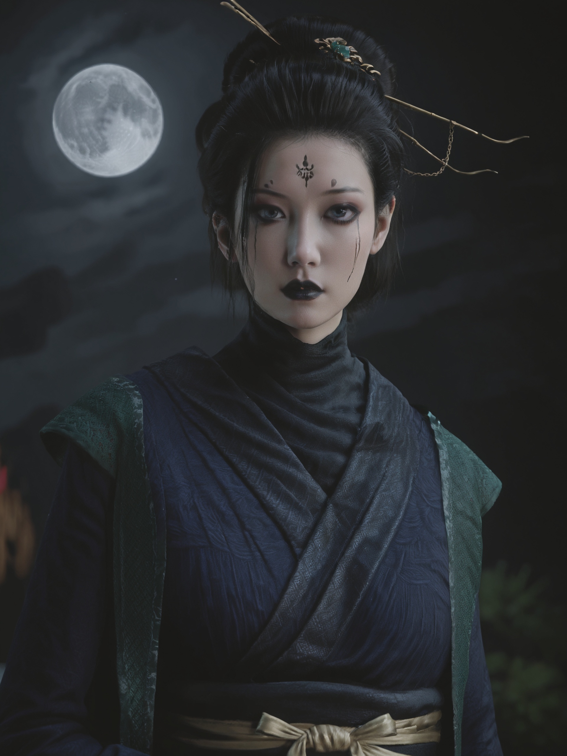score_9, score_8_up, score_7_up, 8k, best quality, masterpiece, (ultra-detailed), solo, full body:1.1), looking at viewer, <lora:zzsimei2-atw-Tanger:0.8>, zzsimei, Fourth daughter, Navy blue Hanfu, long sleeves, black lips, runny makeup, facial mark, by heishenhua, game cg, solo, black hair, hair stick, 1girl, sash, Heavy black makeup, realistic, kimono, <lora:Turquoise Style LoRA_Pony XL v6:0.25>, traditional media, realistic, portrait painting, close-up, back, upper body, side  face, night, A close-up of a traditional Chinese beauty in ancient attire, holding a cup of wine near her lips, gazing thoughtfully at the moonlit sky. Her elegant robes and intricate hair ornaments are illuminated by the soft glow of the full moon. The background is a blurred view of a serene, misty landscape, highlighting the details of her expression and attire. Created Using: portrait realism, delicate brush strokes, soft lighting, intricate details, hd quality, cinematic focus, shallow depth of field, <lora:xl_more_art-full-beta2:0.5>, 