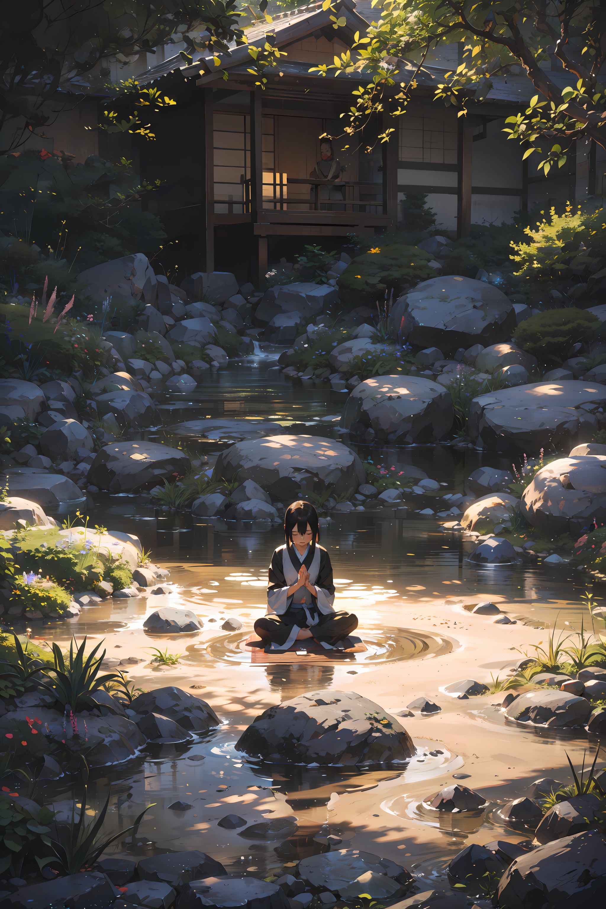 Monk meditating while looking over the garden,  Create a tranquil scene of a Japanese Zen garden,  featuring raked sand on...