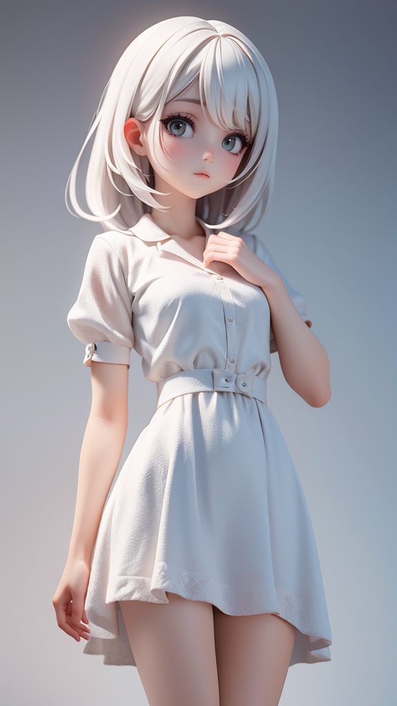 masterpiece, best quality, 32k uhd, hdr, dtm, 16K, cinematic lighting effects, super wide angle, (best fingers:1.2),1girl, standing, simple background, simple clothes, white dress, white hair, 