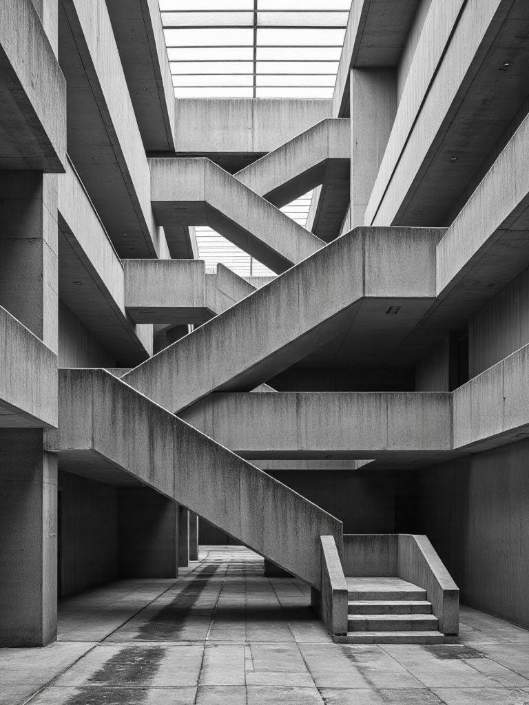 A Brutalist courthouse with imposing concrete walls,  recessed entrances,  and minimal fenestration creating a sense of au...
