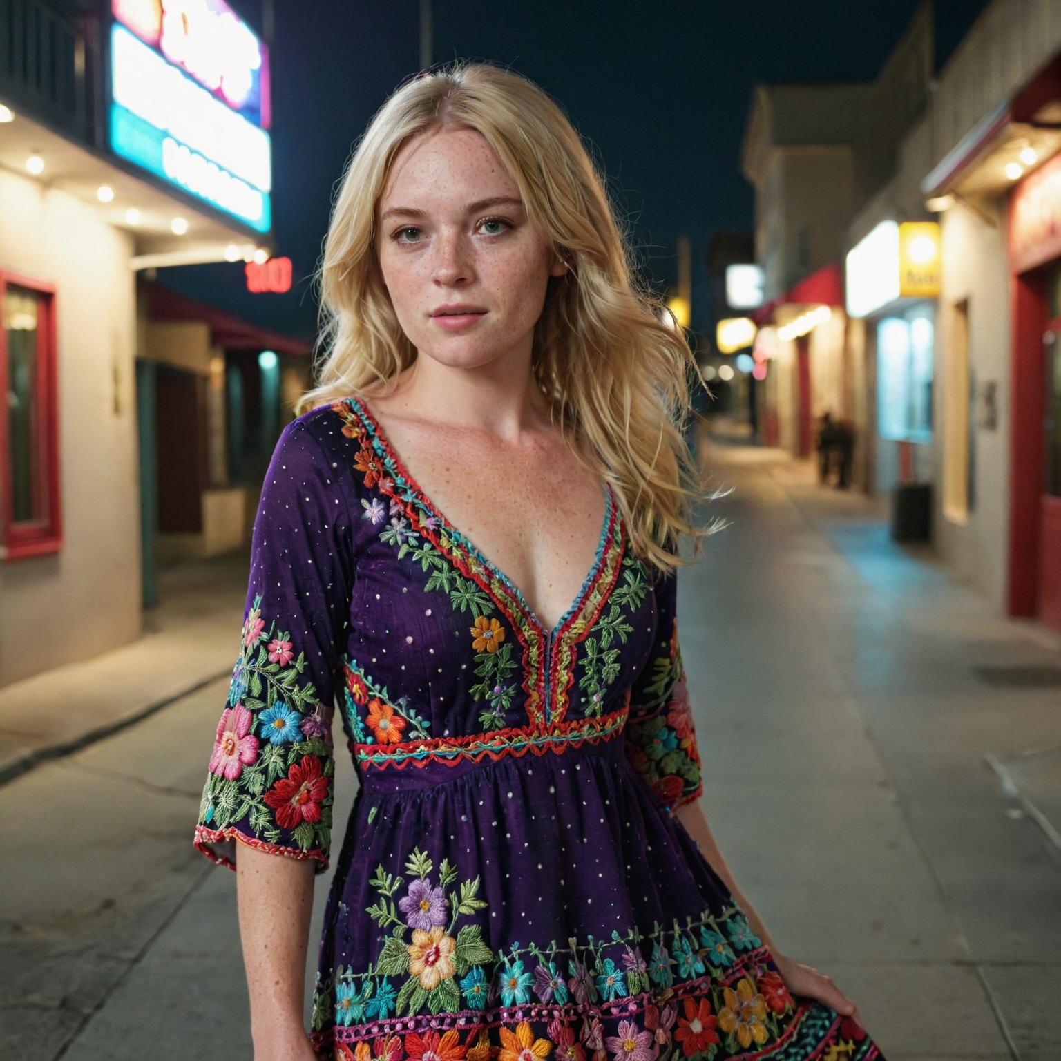 cinematic moviemaker style,  Beautiful blonde woman with freckles,  wearing a colorful on Tensor.Art