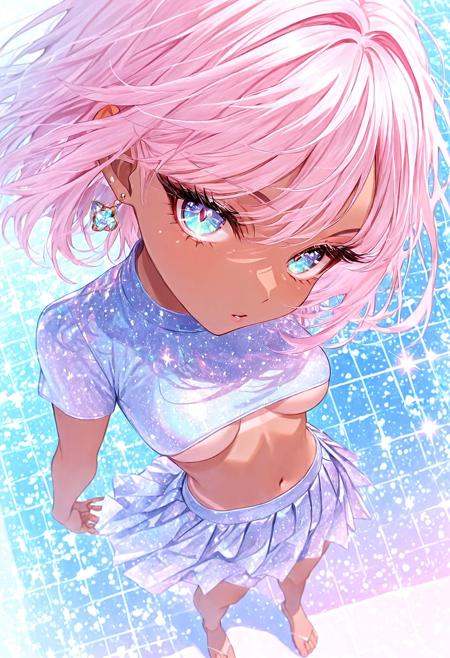 <lora:perspective:0.8> perspective, toes, 1girl, solo, toned body, tan lines, detailed eyes, long eyelashes, puffy eyebrows,wearing a cropped top,underboob,skirt, looking at viewer, (colorful:0.8), lue hue, gentle shadow,<lora:artist_style_mi:0.7> misumi, <lora:0__11Xx:0.45> 0__11Xx_illu, <lora:GlitteryEyesILL:0.3> sparkling eyes, glitter eyes,<lora:noobai_vpred_1_masterpieces_v23:1>, masterpiece, best quality, hires, newest, detailed, highly detailed, very aesthetic  ,