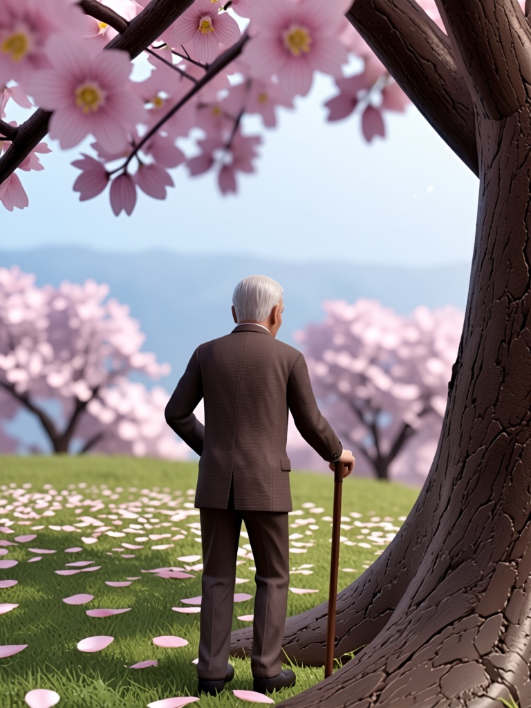 This realistic 3D render captures a full shot of an elderly person from behind,  standing outdoors under a large tree fill...