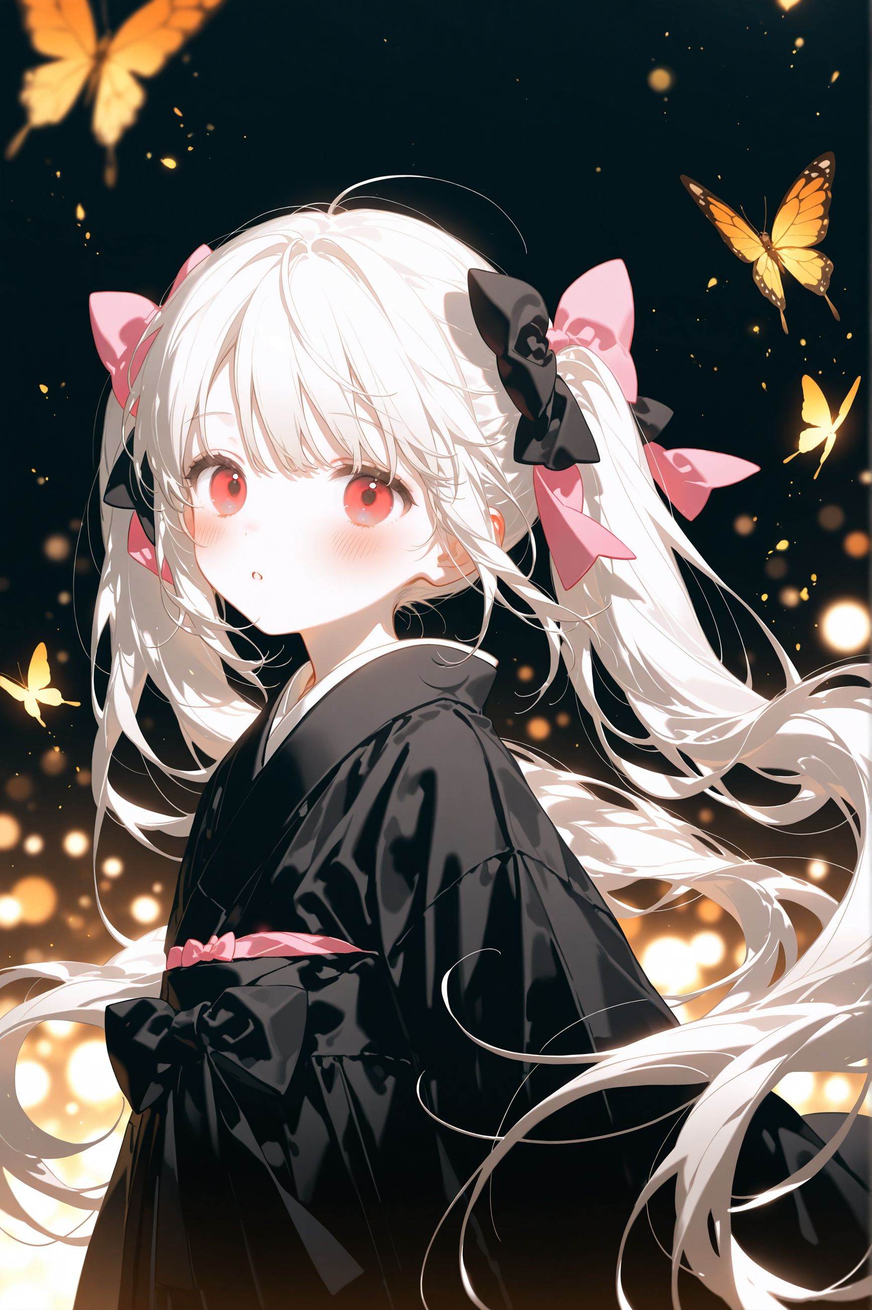 masterpiece,best quality,high quality,loli,konya,1girl, solo, long hair, looking at viewer, blush, bangs, red eyes, long sleeves, bow, twintails, very long hair, upper body, white hair, hair bow, parted lips, japanese clothes, kimono, blurry, :o, black dress, black bow, floating hair, depth of field, animal, bug, pink bow, butterfly, black kimono