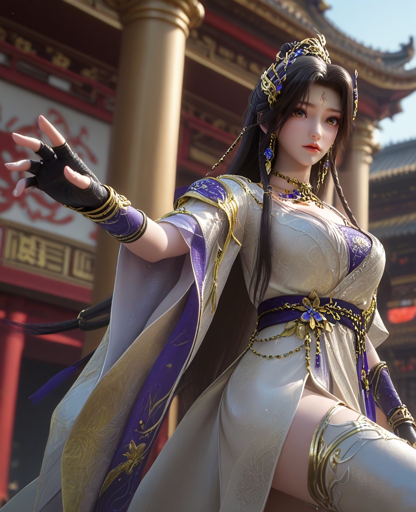 (oriental architecture, elegant decor, sophisticated style:1.1),(Knees bent, elbows on the ground,:1.1),(macro shot:1.1),(large breasts:1.2),<lora:XL16云深不知梦羲和缉魔司:0.95>,missxihe,white dress with tulle skirt,brown eyes,forehead mark,black hair,very long hair,half-up braid with long cascading hair,hair ornament,jewelry,earrings,black fingerless gloves,white thigh boots,wide flowing sleeves,blue violet bandeau,sash,, score_9,score_8_up,score_7_up,score_6_up,score_5_up,score_4_up,3d rendering,tag1,tag2, Cinematic Lighting,backlighting,