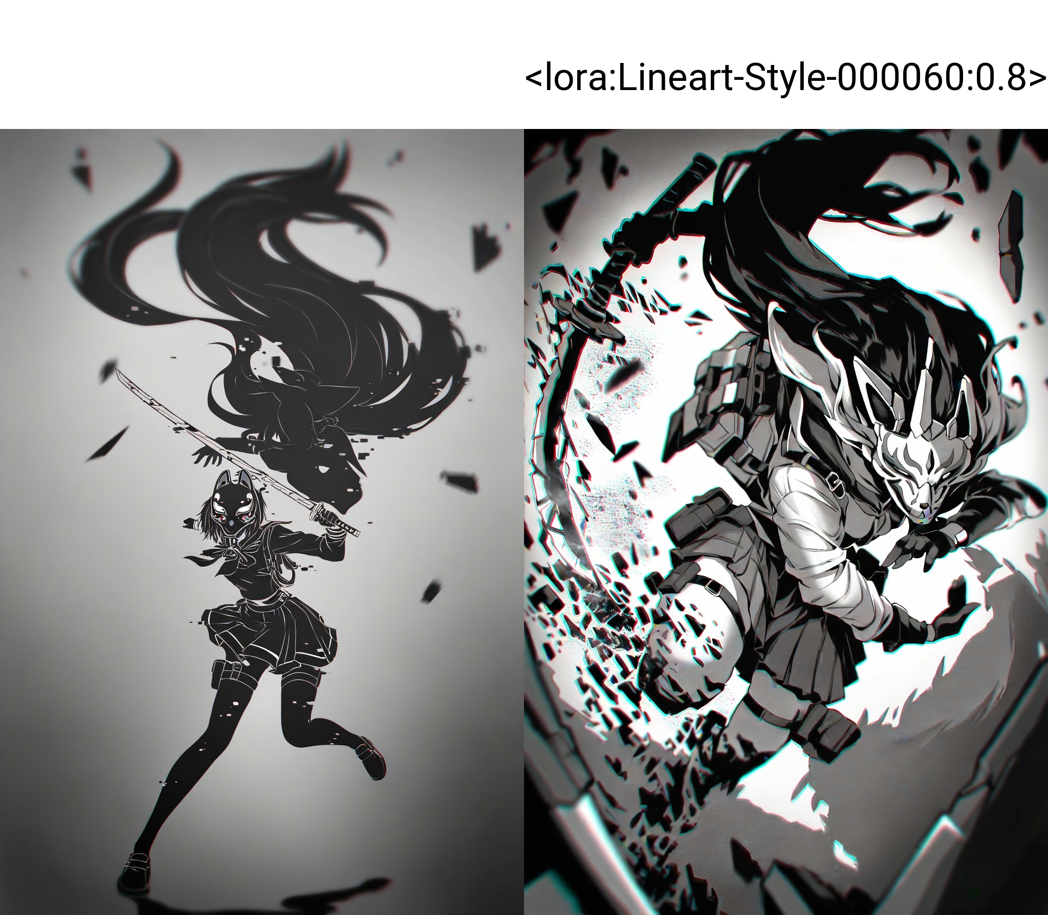 highres,absurdres,Visual impact,masterpiece,best quality,very aesthetic,amazing quality,newest,lineart,traditional media,greyscale,\\//,1girl,action pose,fox_mask,fox fire,mechanical eye,holding sword,school uniform,harness,thigh pouch,silhouette art,glitch art,virtual,colored shadow,geometry,monochrome,local color adaptation,hdr,(disintegration effect:1.4),(chromatic aberration, polarized:1.2),(blurry:1.4),masterpiece,best quality,amazing quality,very aesthetic,absurdres,newest,