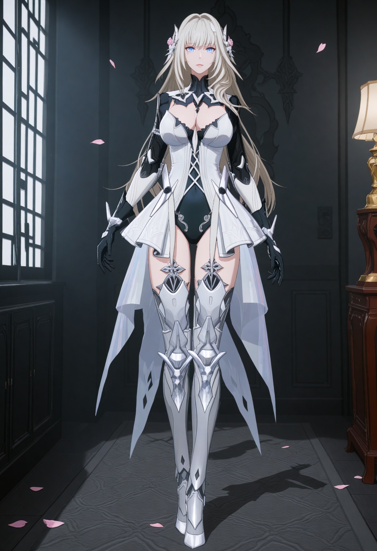 (full_body:1.1),(gigantic breasts:0.6),(slender:1.3),(looking_at_viewer:1.1),(masterpiece:1.1),(best quality:1.2),(intricate details),(smog:1.3),(Dark room:1.3),(dim lighting:1.3),peach blossom,falling petals,<lora:YQ_Illustrious光辉v5_战双帕弥什_比安卡深痕_拾梦白菀_V1:0.8>,q1528437228,1girl,solo,long hair,hair ornament,grey hair,dress,hair flower,white dress,blue eyes,gloves,black gloves,leotard,thighhighs,mechanical arms,boots,hair intakes,mole under eye,armor,armored boots,thigh boots,high heels,high heel boots,mechanical legs,showgirl skirt,bodysuit,white footwear,masterpiece,(best quality),(intricate details:0.9) BREAK (intricate details:0.9),(realistic skin:1.2),masterpiece,best quality,newest,absurdres,hiahres,