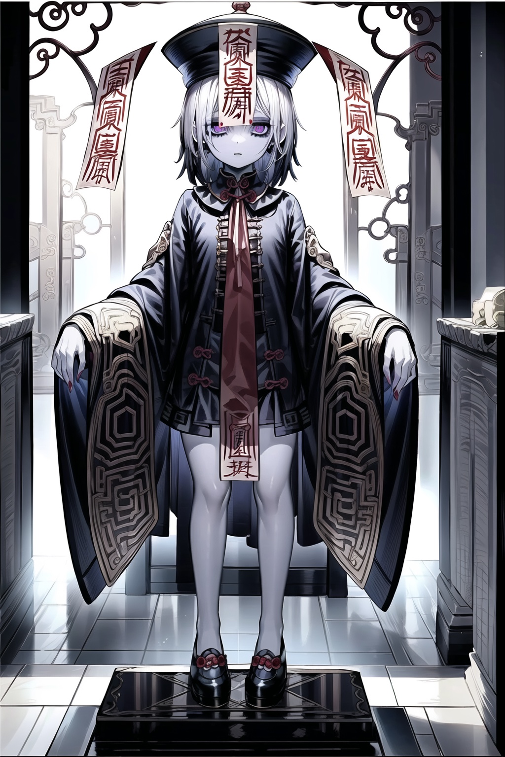 1girl,wsjs,jiangshi,chinese zombie,empty eyes,spell,jiangshi costume,look at different places with both eyes,in the cemetery,pale skin,the whole body,