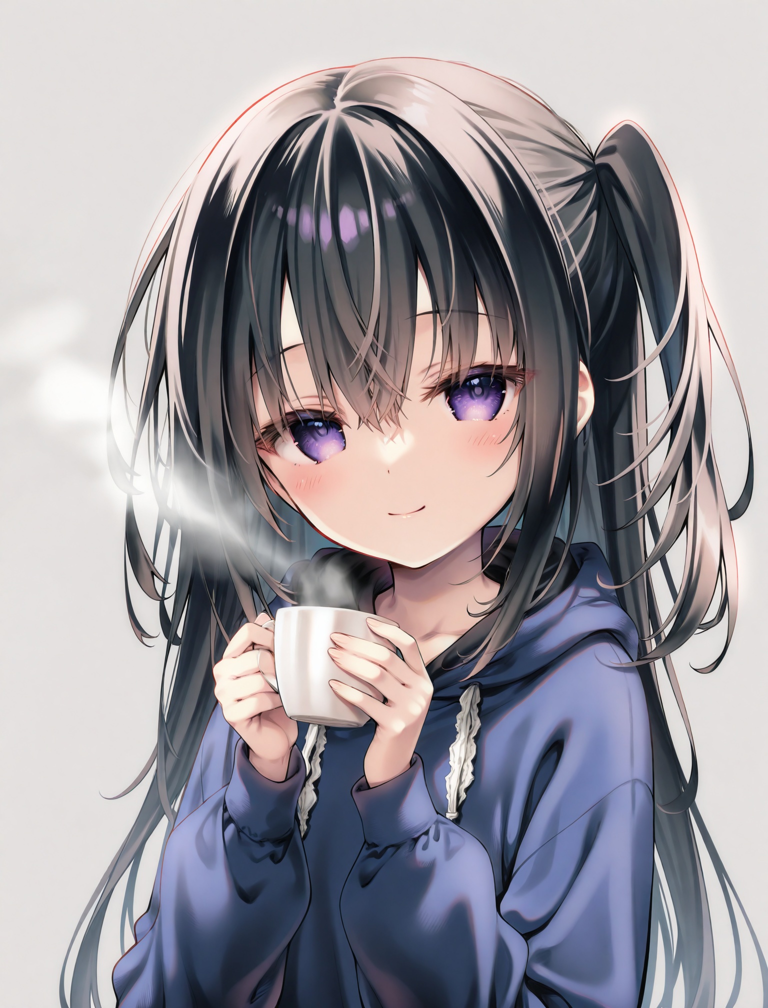 masterpiece,absurdres,best quality,petite,high quality,//,1girl, solo, cup, hood, holding cup, hood down, holding, hoodie, grey background, drawstring, purple eyes, long hair, simple background, black hair, closed mouth, upper body, looking at viewer, steam, smile, one side up, long sleeves, hands up, hair between eyes, blue hoodie, blush, mug, black hoodie, puffy long sleeves, very long hair<lora:yuzuna_hiyo——【CKXL】hans:0.88>,