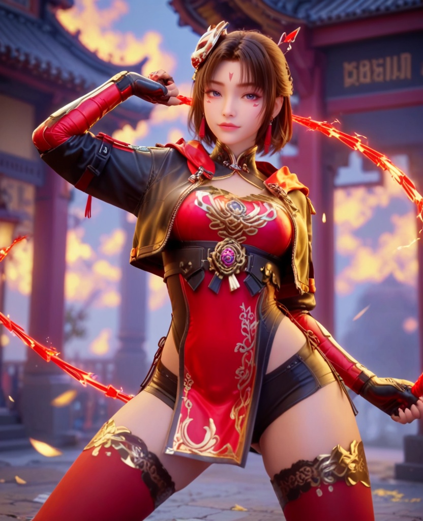 (oriental architecture, elegant decor, sophisticated style:1.1),(hands on the ground:1.1),(breasts:1.2),<lora:XL穿越火线蝉:0.95>,miss chan,cropped jacket,red corset,facial mark,blue eyes,brown hair,short hair,fox bun cover,fingerless gloves,red pelvic curtain,white thighhighs,black shorts,fire whip,mask on head,, score_9,score_8_up,score_7_up,score_6_up,score_5_up,score_4_up,3d rendering,tag1,tag2, Cinematic Lighting,backlighting,, zPDXL3, zPDXL2,zPDXL, zPDXLxxx, zPDXLrl,