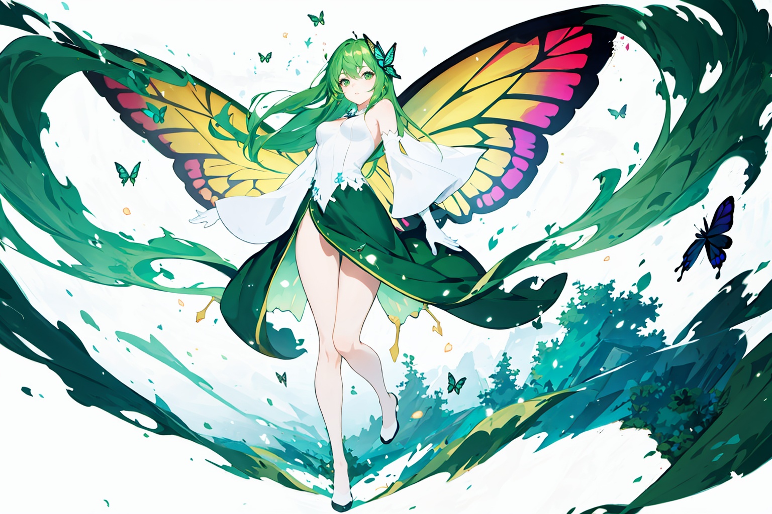 (masterpiece, best quality),[(white background:1.5)::5],(wide shot:0.95),(full body),Dynamic angle,solo,1girl,very_long_hair,green_hair,green dress,solo,fairy,flying,butterfly_hair_ornament,butterfly_wings,animal,elbow_gloves,(sky in background:1.1),particle effects,gicard,white background,<lora:GI_Card05:0.8>,gicard,white background,