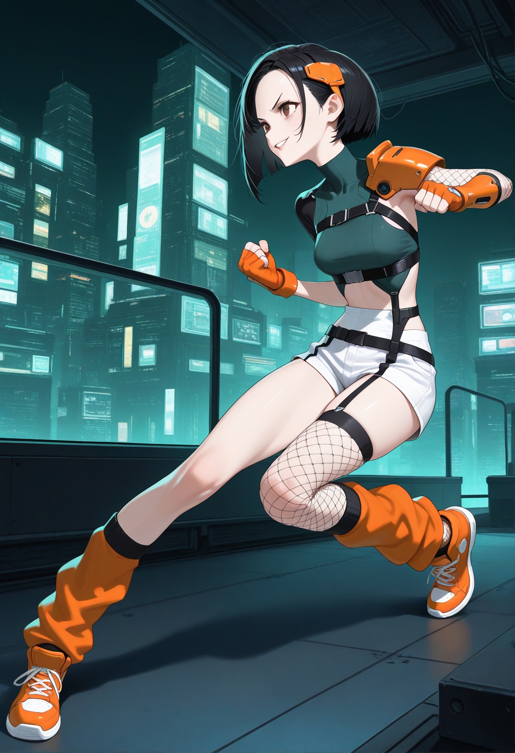 masterpiece,best quality,amazing quality,very aesthetic,absurdres,newest,1girl,solo,yuff7,short hair,black hair,cyberspace,cyberpunk,fighting stance,clenched hands,full body,outstreched arm,looking ahead,forehead protector,green turtleneck,midriff,single pauldron,chest strap,single arm guard,fishnets,single sleeve,armor,orange gloves,fingerless gloves,white shorts,single thighhigh,garter straps,sneakers,leg warmers,orange footwear,grid,city,scifi,brown eyes,smile,parted lips,v-shaped eyebrows,