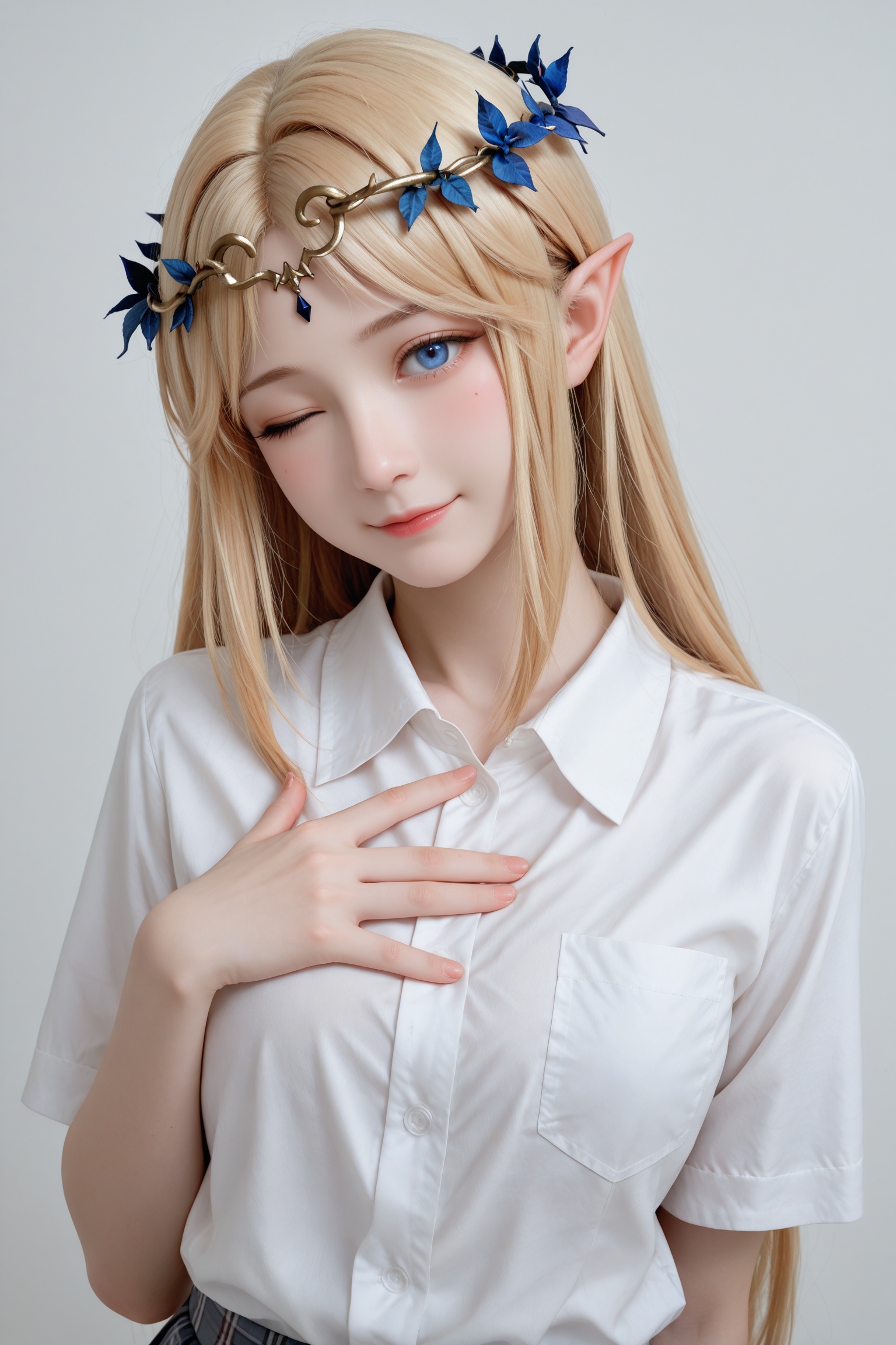 masterpiece,best quality,good quality,1girl,cartethyia \(wuthering waves\),school uniform,white white shirt,plaid skirt,blonde hair,blue eyes,closed mouth,crown of thorns,head tilt,light blush,long hair,looking at viewer,one eye closed,hand on own chest,pointy ears,sidelocks,simple background,smile,solo,upper body,white background,