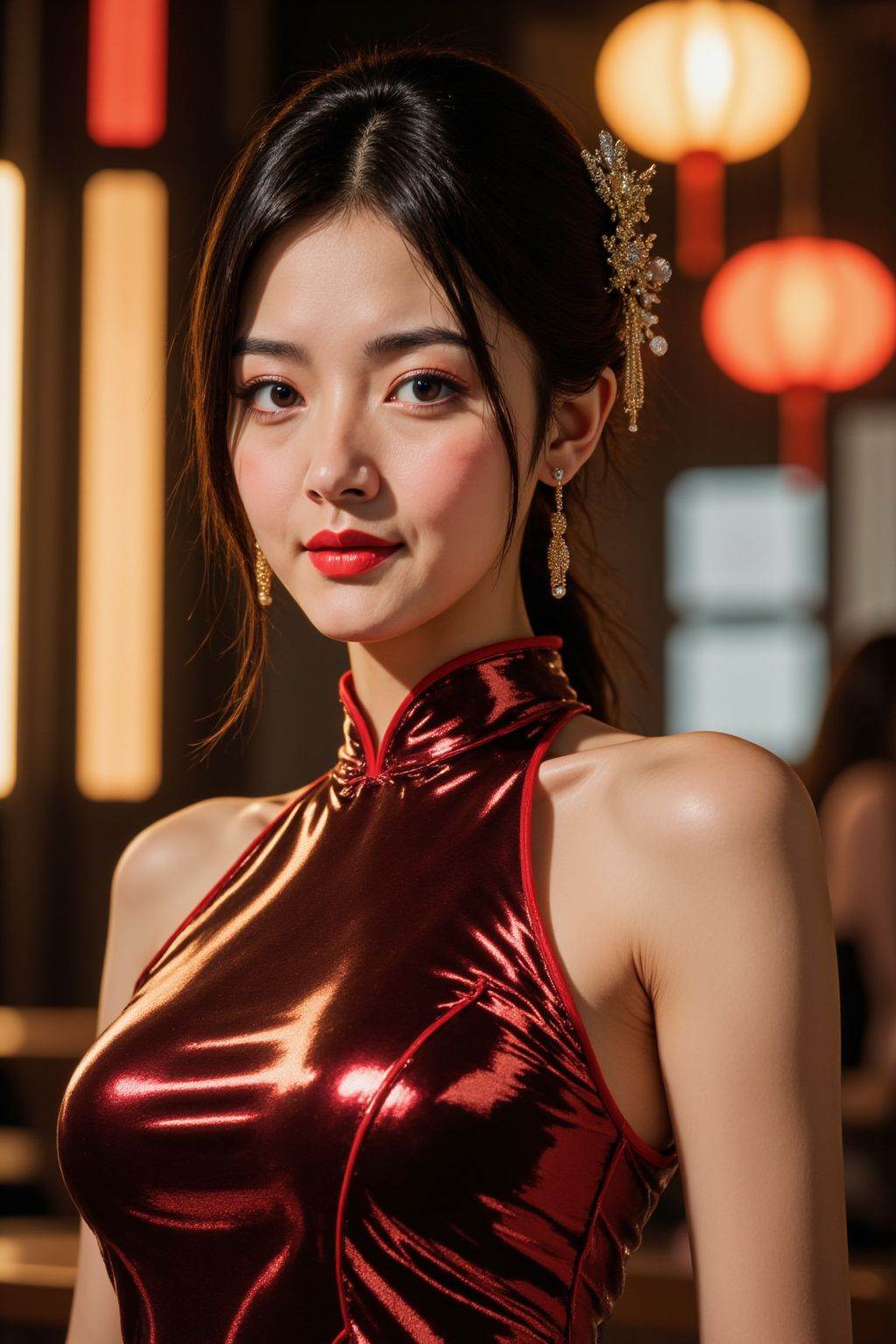 HDR photo of cinematic film still 1girl, solo, breasts, looking at viewer, short hair, black hair, hair ornament, dress, bare shoulders, jewelry, earrings, sleeveless, blurry, lips, sleeveless dress, chinese clothes, china dress, side slit, realistic, red lips, neon lights, cheongsam, red shiny high gloss cheongsam, . shallow depth of field, vignette, highly detailed, high budget, bokeh, cinemascope, moody, epic, gorgeous, film grain, grainy . High dynamic range, vivid, rich details, clear shadows and highlights, realistic, intense, enhanced contrast, highly detailed