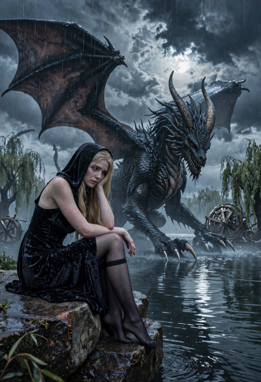 a young woman sits on a weathered rock overlooking turbulent storm clouds that part momentarily to reveal glimpses of moon...
