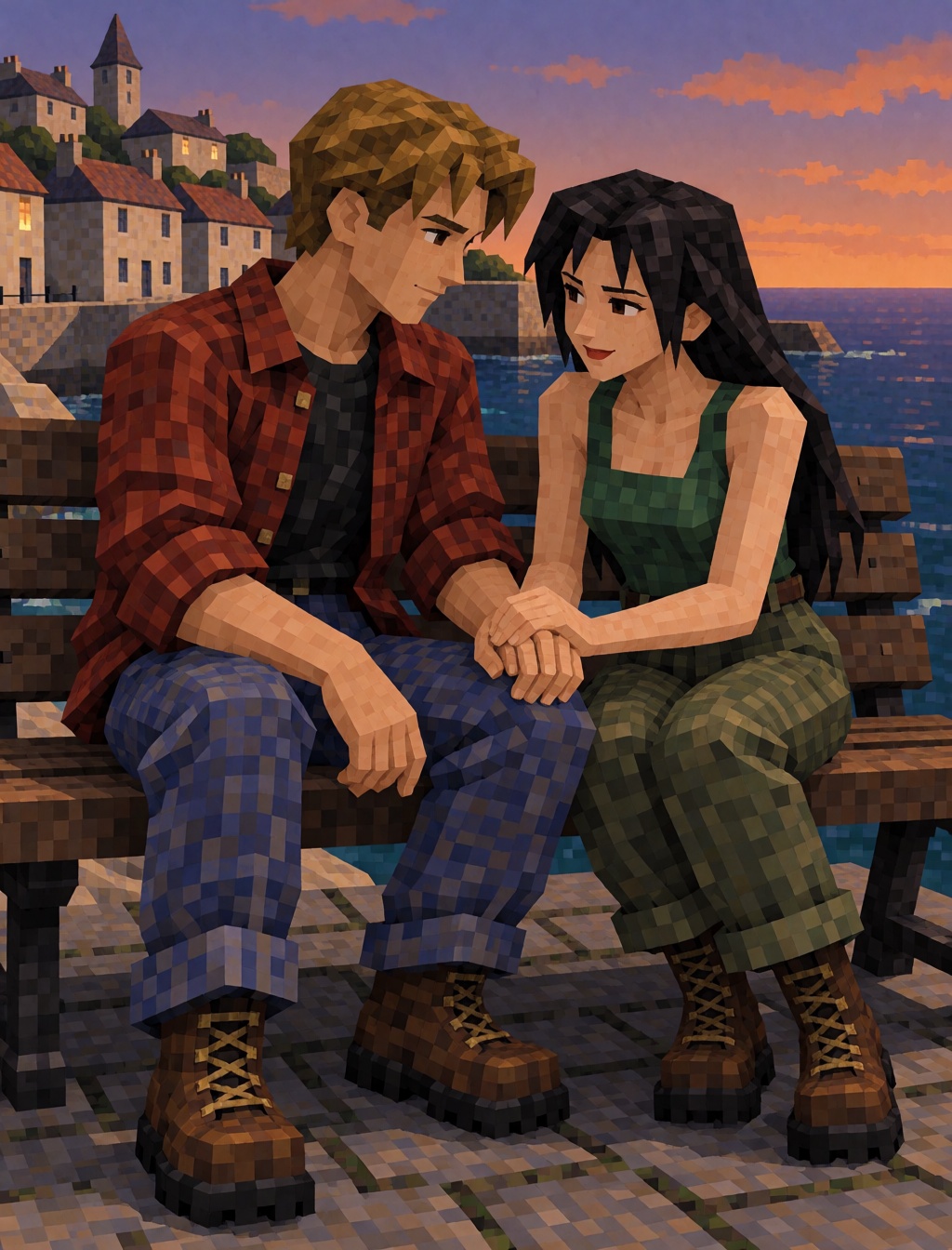 A young man and woman sitting together on a wooden bench overlooking a quiet seaside town at sunset,  holding hands and sm...