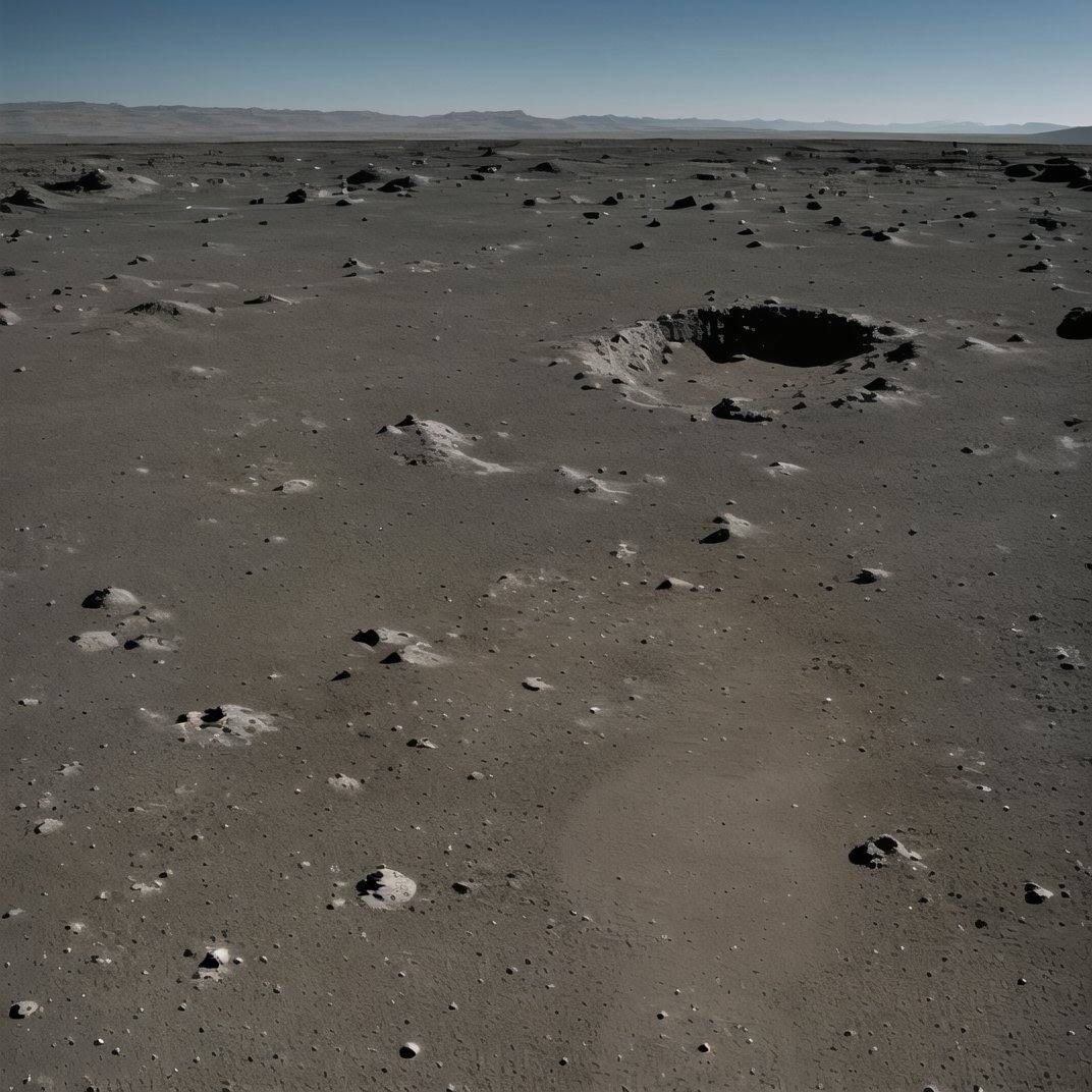 liminalspaces,  A desolate lunar landscape,  with craters and rocky terrain stretching as far as the eye can see on Tensor...