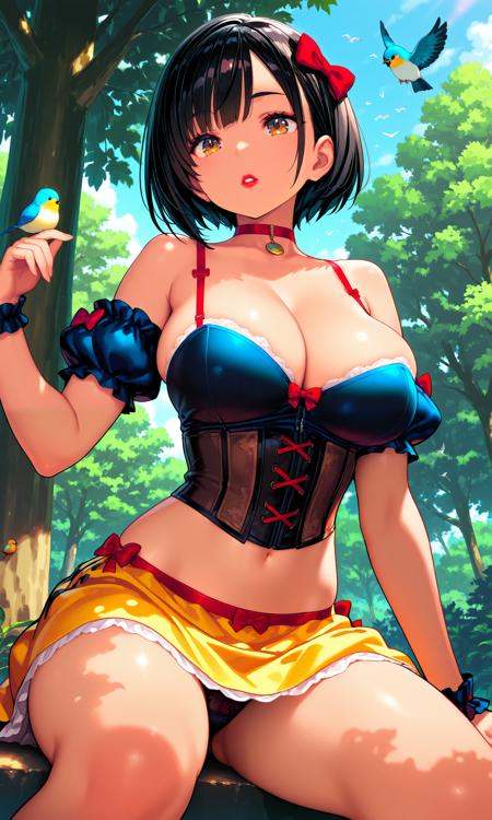 embedding:Stable_Yogis_PDXL_Positives2,  1girl, solo, breasts, looking at viewer, short hair, skirt, large breasts, black hair, bow, navel, cleavage, bare shoulders, brown eyes, sitting, underwear, panties, hair bow, thighs, outdoors, parted lips, detached sleeves, choker, midriff, red bow, tree, black panties, bird, pantyshot, corset, red lips, red choker, yellow skirt, bustier,